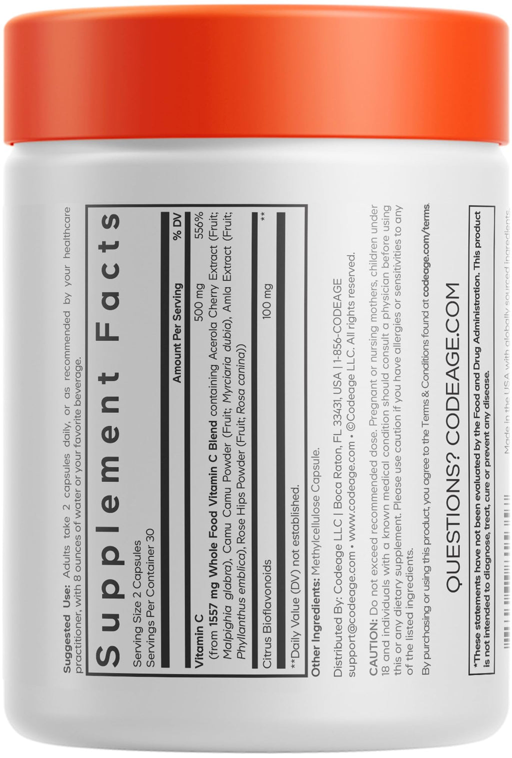Codeage Whole Food Vitamin C Supplement - Acerola Cherry, Camu Camu, Amla Berry & Rose HIPS Blend - Citrus Bioflavonoids - Instantfood Energy Vitamins - 500mg Vitamin C Pills - Non-GMO - 60 Capsules Codeage Au supplements