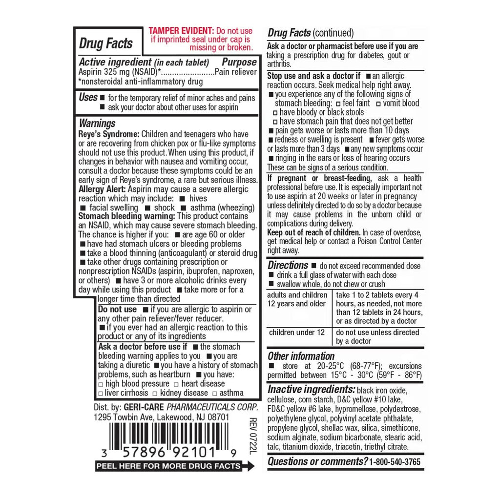 Enteric Coated Aspirin Tablets 325mg (100 Count) by GeriCare- NSAID Pain Reliever & Fever Reducer Coated Aspirin for Adults- Regular Strength Aspirin for Headache Arthritis Menstrual & Muscle Pain GeriCare Au supplements