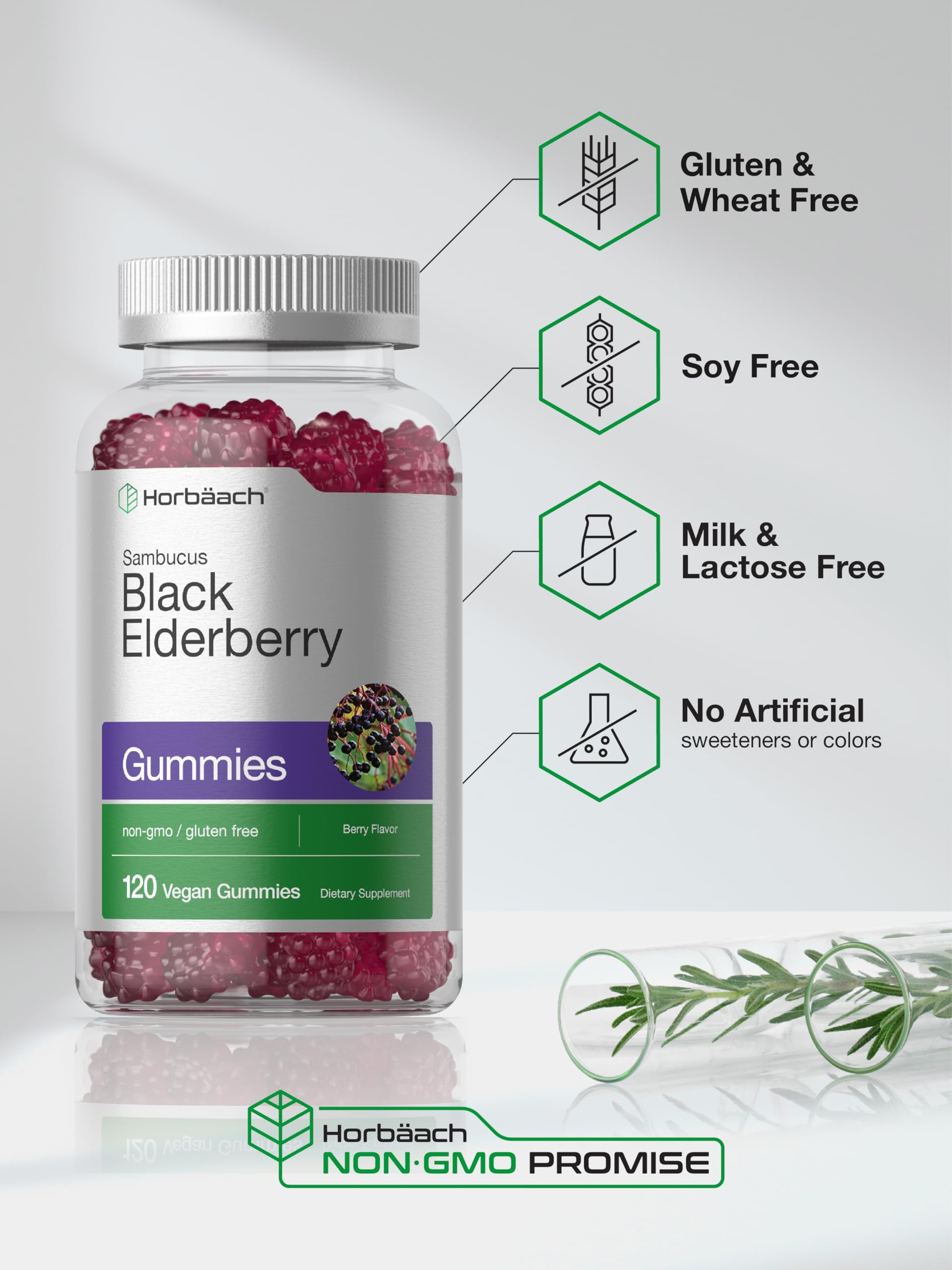 Horbaach Black Elderberry Gummies | 120 Count | Sambucus Extract | with Zinc and Vitamin C | Berry Flavor | Vegan, Non-GMO