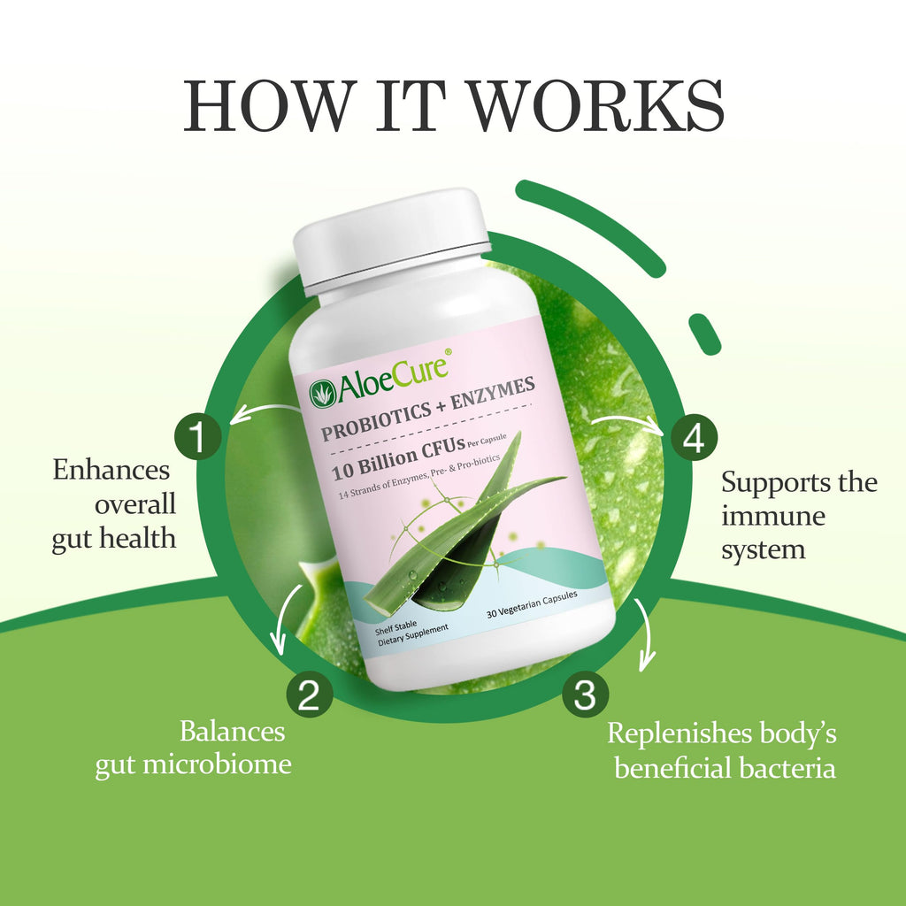 AloeCure Daily Probiotics 10 Billion CFU for Digestive Support 8 Strains, 6 Prebiotics & Enzymes - Digestive Supplement with Bromelain for Women & Men