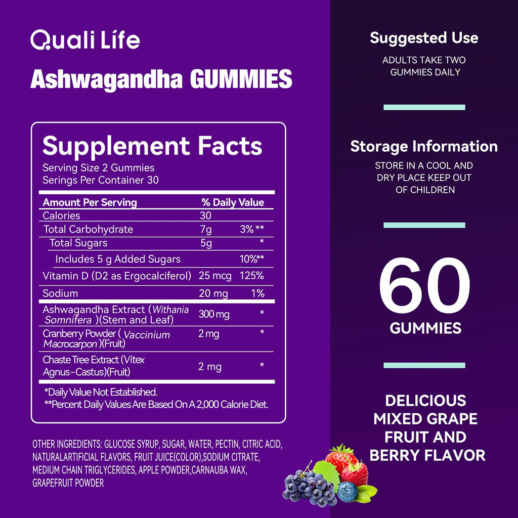 QualiLife Ashwagandha Gummies for Relax & Cortisol Support – High Strength Root Extract with Cranberry & Chaste Tree, Grapefruit & Berry Flavour – Vegan, Non-GMO, Gluten-Free – 60 Gummies (30 Days) QualiLife Au supplements
