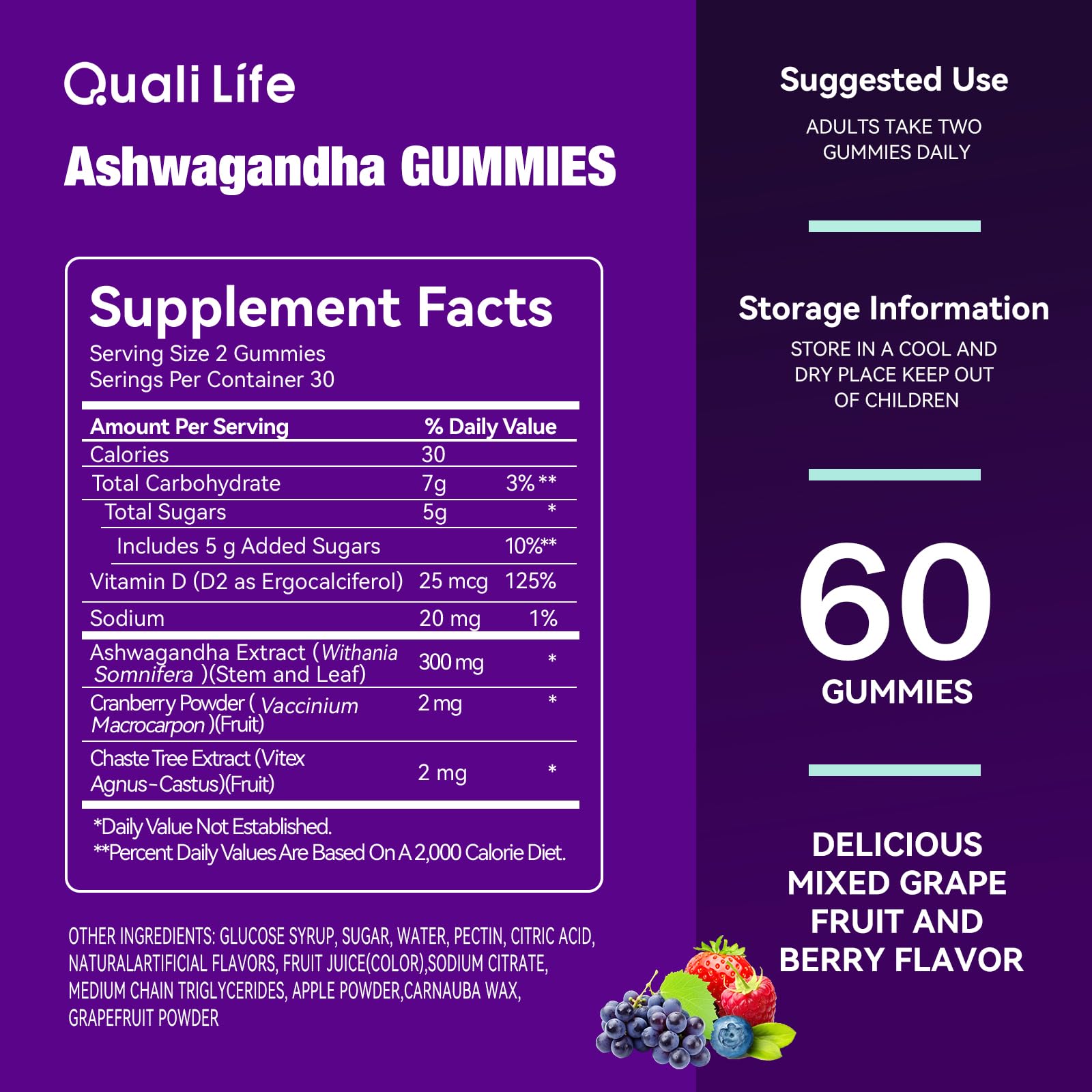 QualiLife Ashwagandha Gummies for Relax & Cortisol Support – High Strength Root Extract with Cranberry & Chaste Tree, Grapefruit & Berry Flavour – Vegan, Non-GMO, Gluten-Free – 60 Gummies (30 Days) QualiLife Au supplements