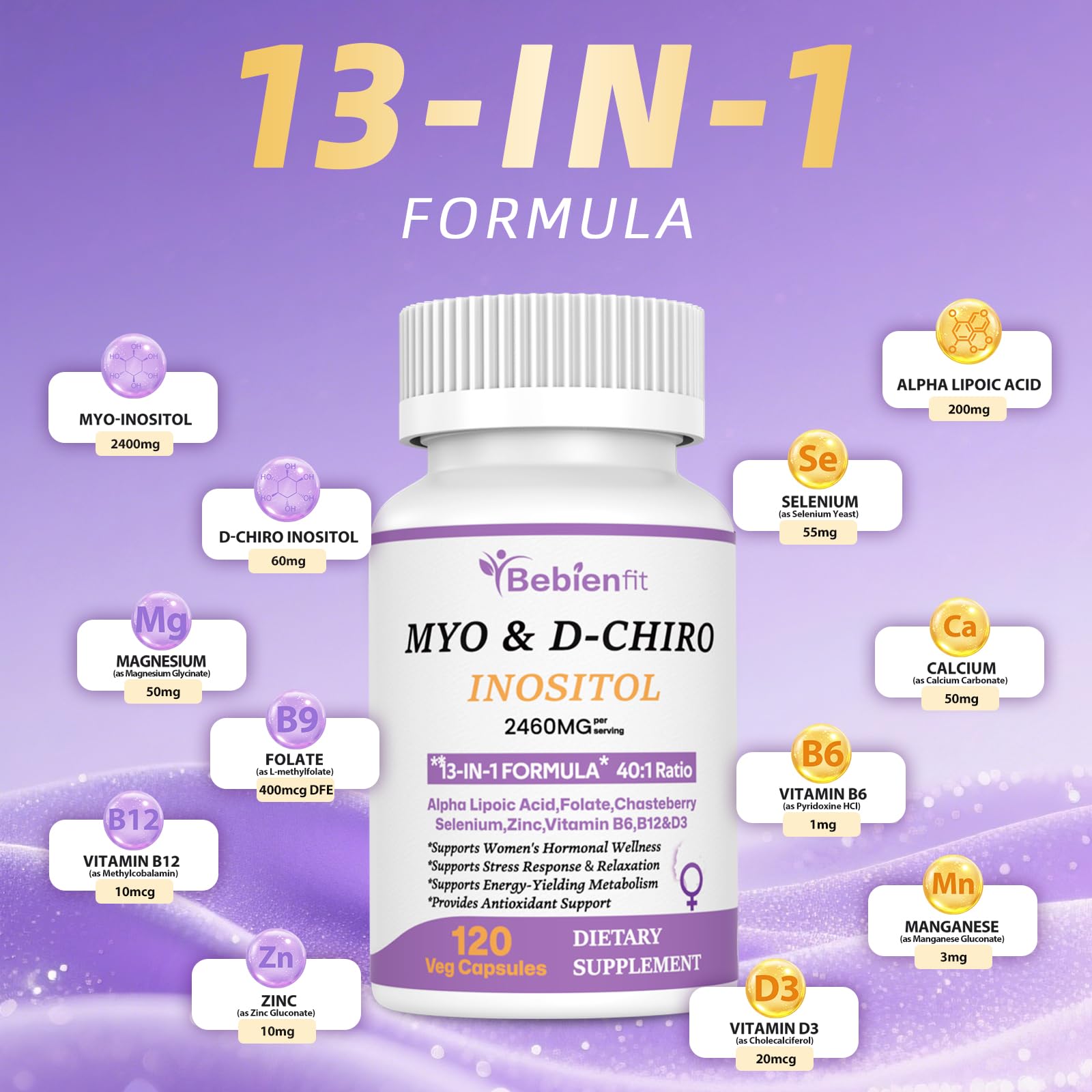 13-in-1 Myo Inositol & D-Chiro Inositol for Women PCOS,Hormonal Balance,2460mg-40:1 Ratio,Ovarian Health&Cycle Support Supplement Plus Alpha Lipoic Acid/Folate/Vitex/Magnesium/Multivitamin,120 Veg Cap Bebien fit Au supplements