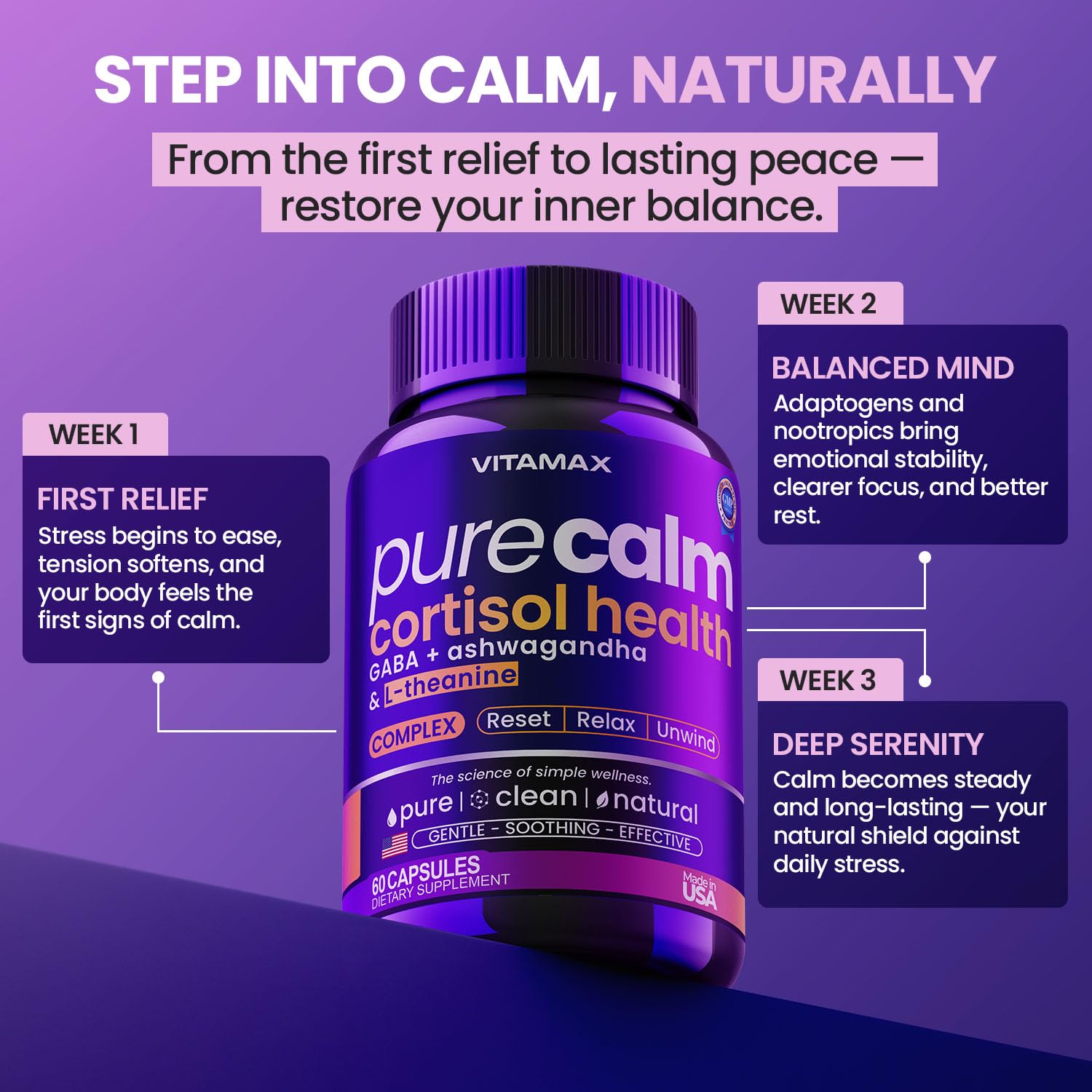 Vitamax Pure Calm Cortisol Supplements for Women - L Theanine, Ashwagandha, GABA for Relaxation, Mood & Stress Support with Ginkgo Biloba, Bacopa Monnieri, 5-HTP – Non-GMO, Made in USA – 60ct Vitamax Au supplements