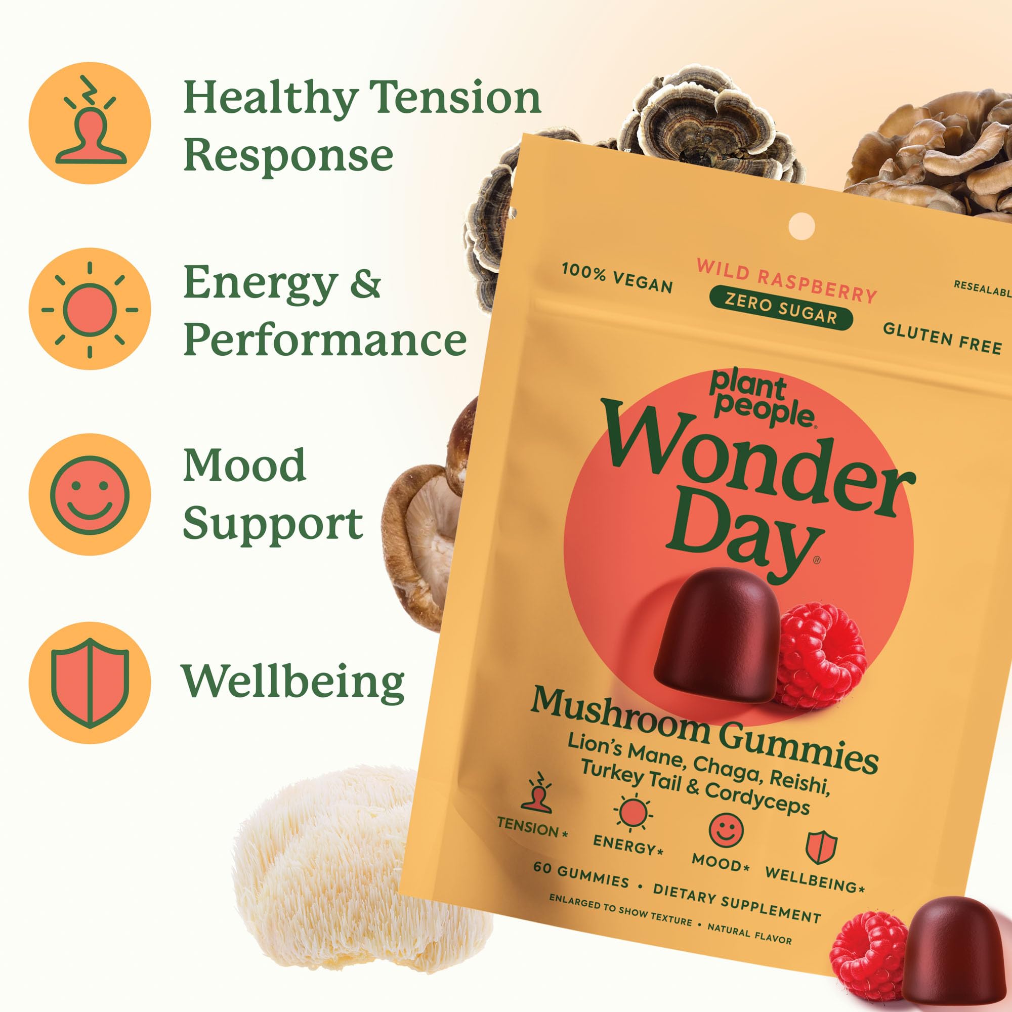 Plant People WonderDay Mushroom Gummies - Lion’s Mane, Cordyceps, Chaga Mushroom Supplement to Support Immune System De-Stress Boost Mood & Energy in Adults Natural