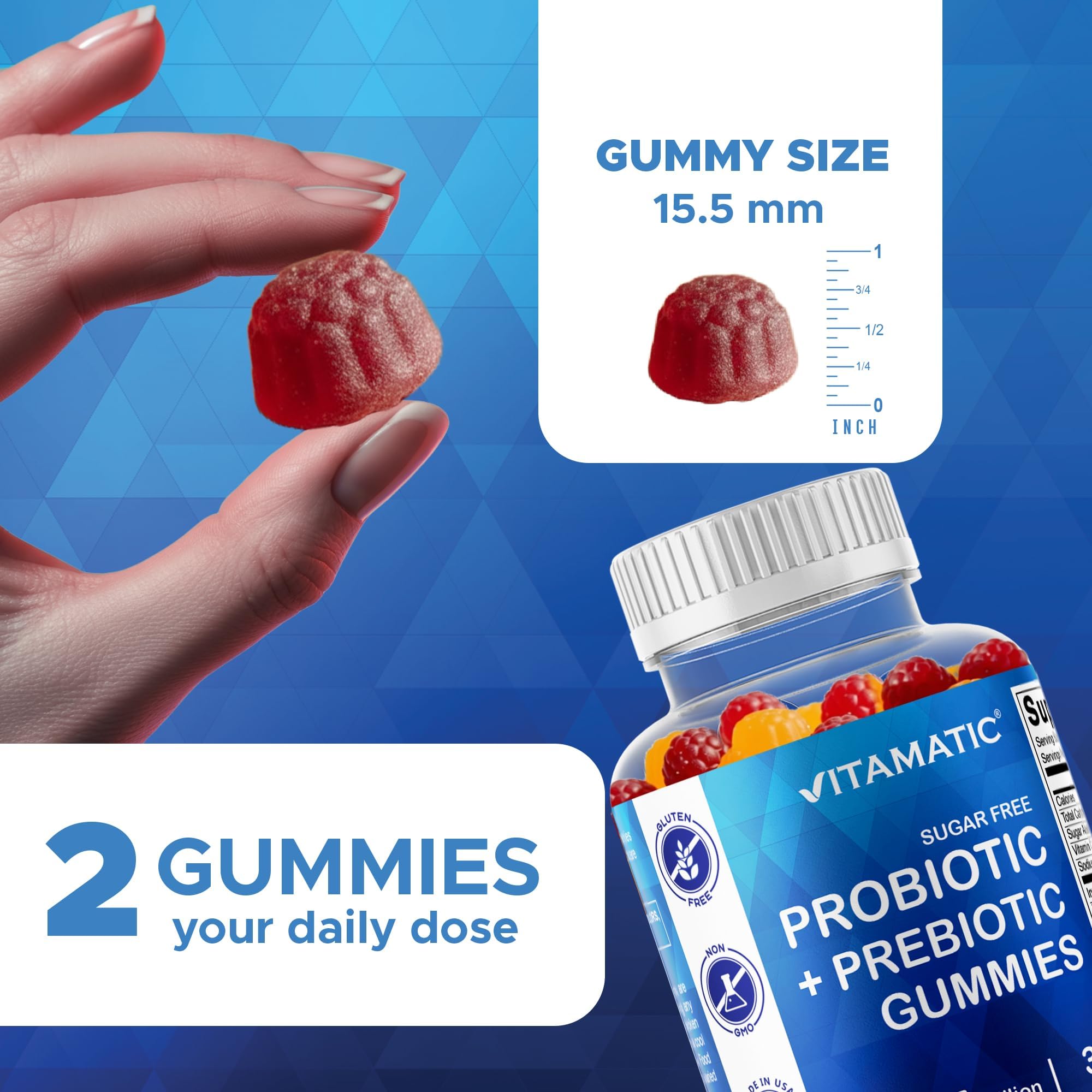 Vitamatic Probiotic Sugar Free Gummies for Men and Women – 5 Billion CFUs Digestive, Immune & Gut Health Support – Gluten Free