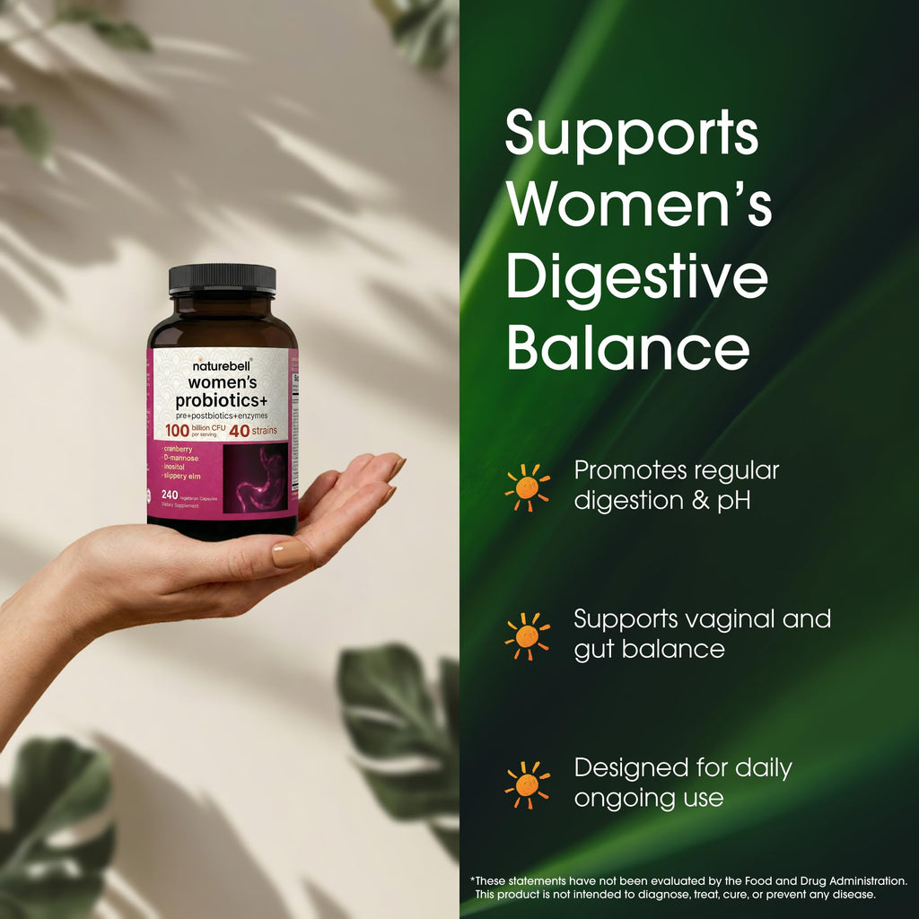 NatureBell Women's Probiotics+ - 240 Vegetarian Capsules - Prebiotic, Probiotic, Postbiotic & Digestive Enzymes - Made with Cranberry, D-Mannose, Inositol & More NatureBell Au supplements