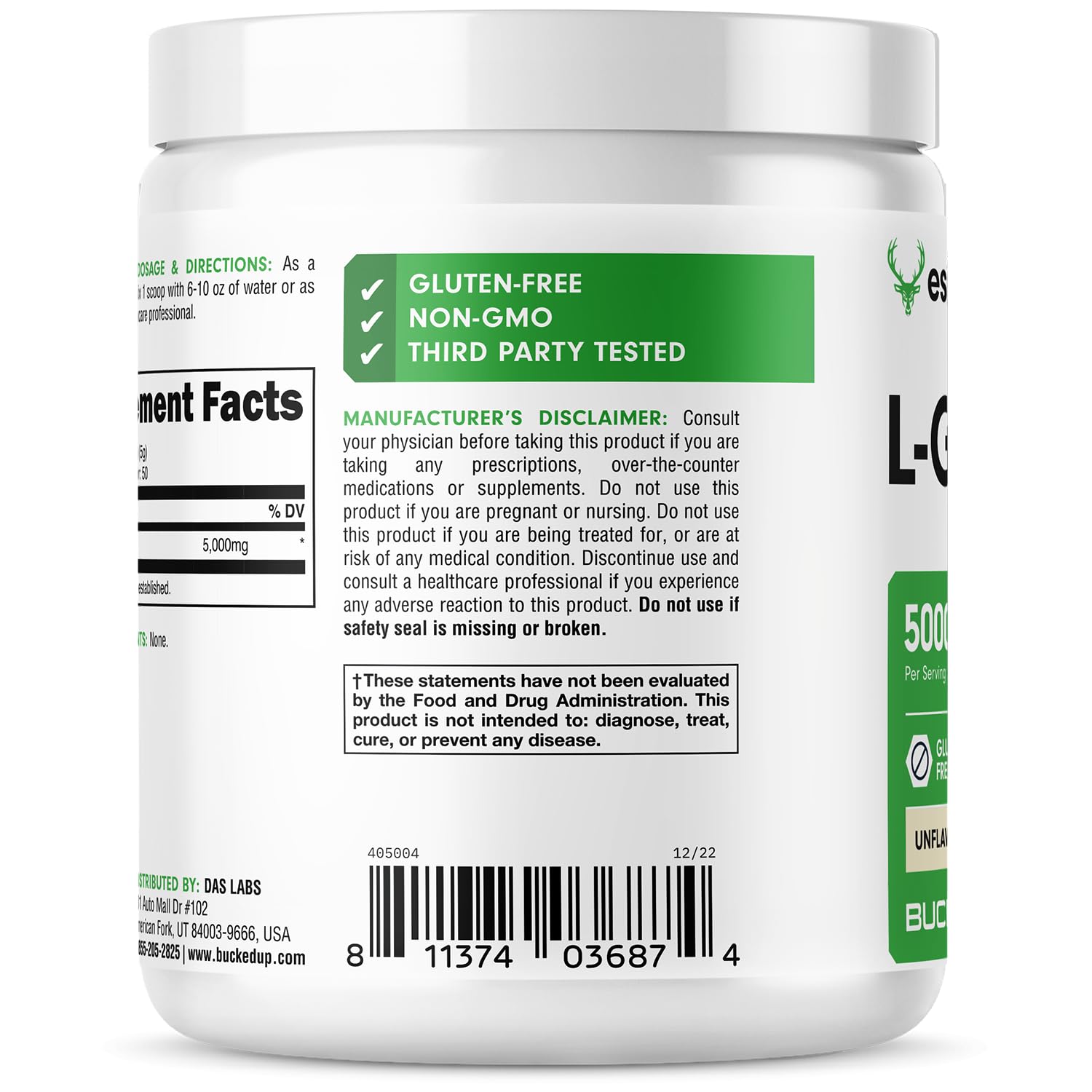Bucked Up L-Glutamine (5000mg), Essentials (50 Servings, 250 Grams)