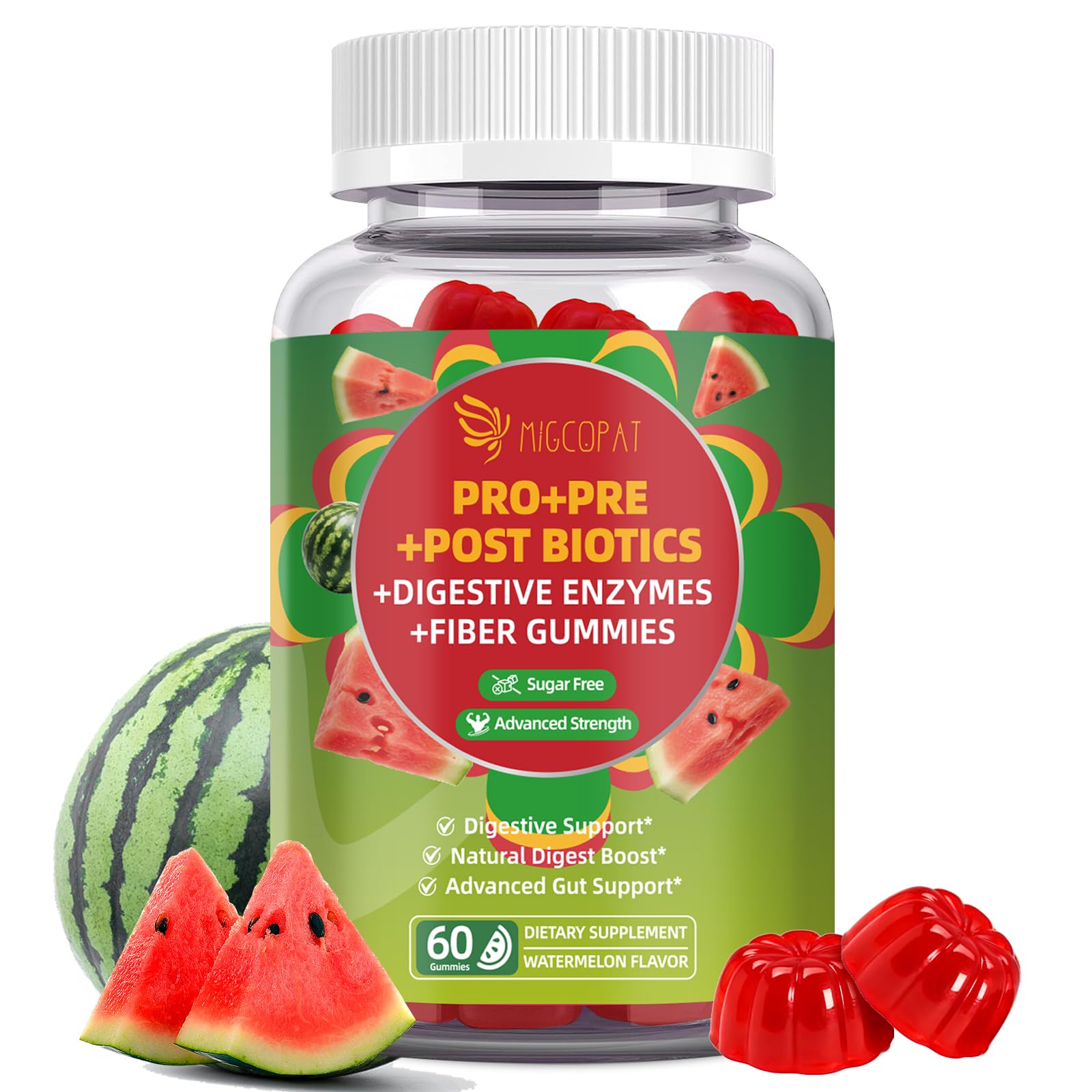 Migcopat Pre Post Probiotics Gummies, Probiotic Prebiotic Postbiotic Digestive Enzymes with Fiber, 120 Billion CFU Probiotics - Digestive Health