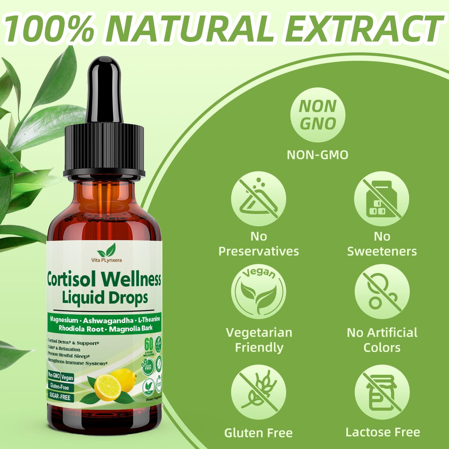 Vita PLynxera Cortisol Supplement Liquid Drops, 17-in-1 Cortisol Detox w. Magnesium Glycinate 400mg Ashwagandha, L-Theanine, Phosphatidylserine, Hormone Balanced