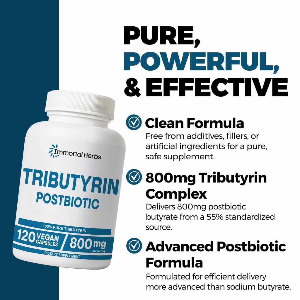 Immortal Herbs Tributyrin Supplement 800mg, Advanced Butyrate Form, 55% Standardized, More Effective Delivery Than Sodium Butyrate, 120 Capsules, Non-GMO & Gluten Free Postbiotic Supplement Immortal Herbs Au supplements