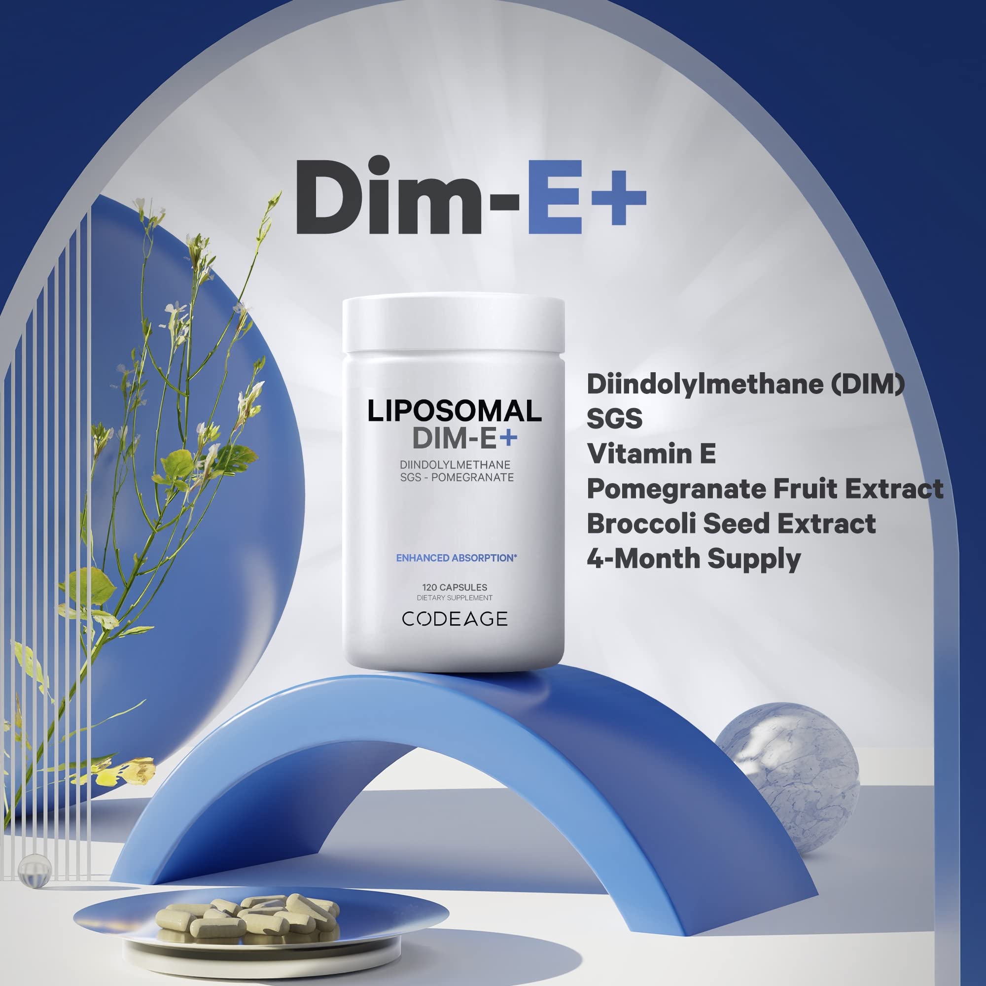 Codeage Liposomal DIM Supplement - 4 Months Supply of DIM Vitamins and SGS, Pomegranate, Broccoli, Vitamin E Isomers Tocopherols Alpha Beta Gamma Delta - Liposomal Formula - Gluten-Free - 120 Capsules Codeage Au supplements