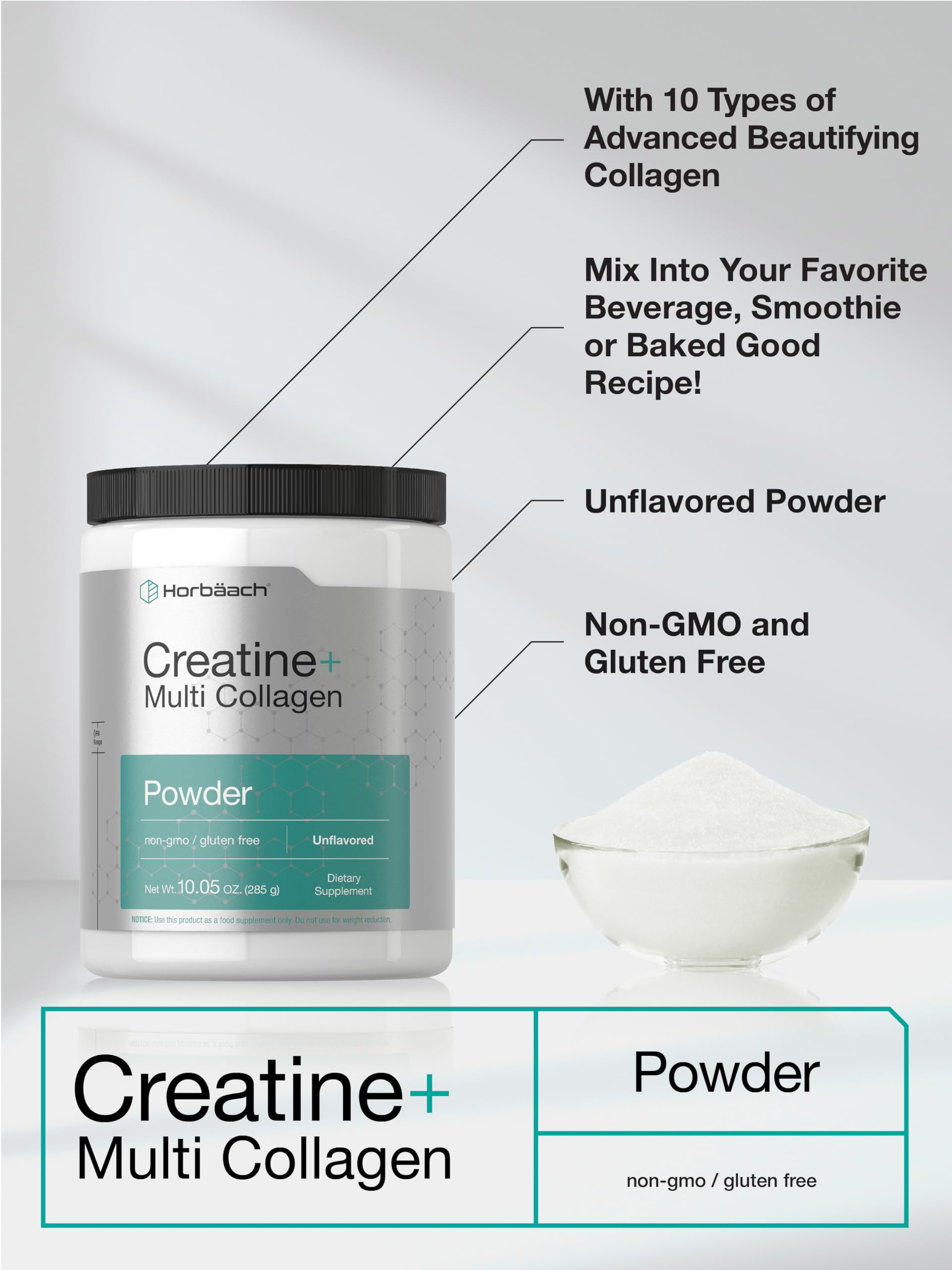 Horbäach Creatine Monohydrate Powder | with Collagen and L-Taurine | 10.05 oz | Unflavored | for Women and Men | Non-GMO, Gluten Free Horbäach Au supplements