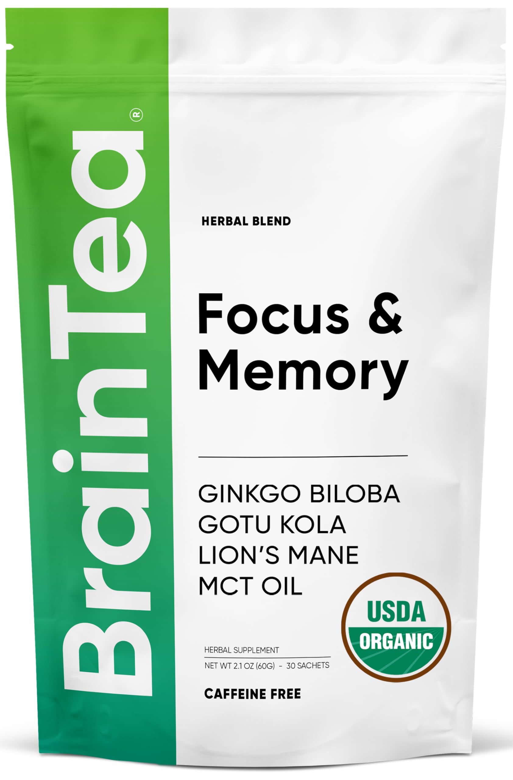 Brain Tea Focus & Memory - Brain Tea Organic Certified 4-in-1 Nootropic Herbal Supplement with Ginkgo Biloba, Gotu Kola, Lion’s Mane Mushroom, MCT Caffeine-Free for Mental Clarity (30 Sachets) Brain Tea Au supplements