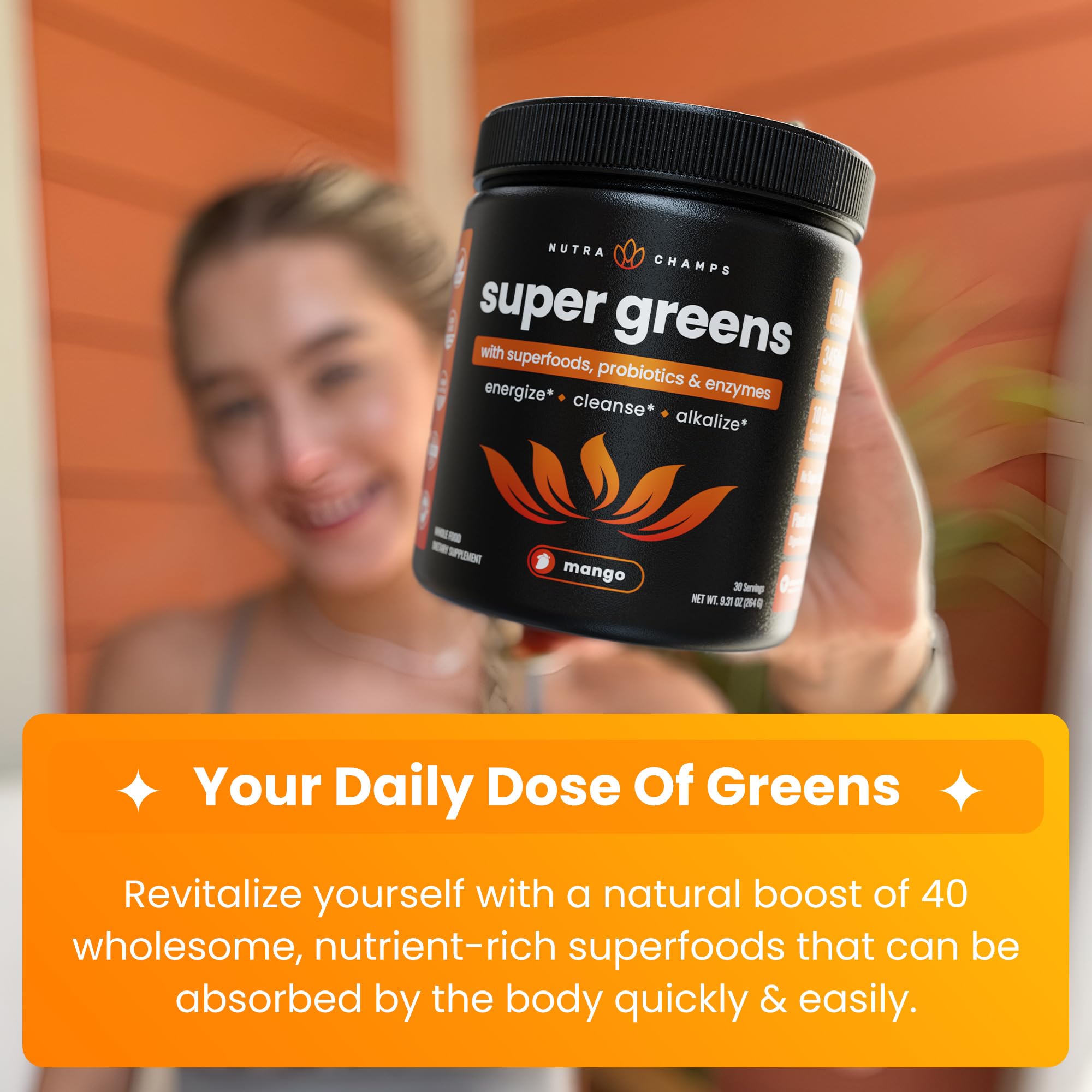 NutraChamps Super Greens Powder Premium Superfood | 20+ Organic Green Veggie Whole Foods | Wheat Grass, Spirulina, Chlorella | Antioxidant, Digestive Enzyme