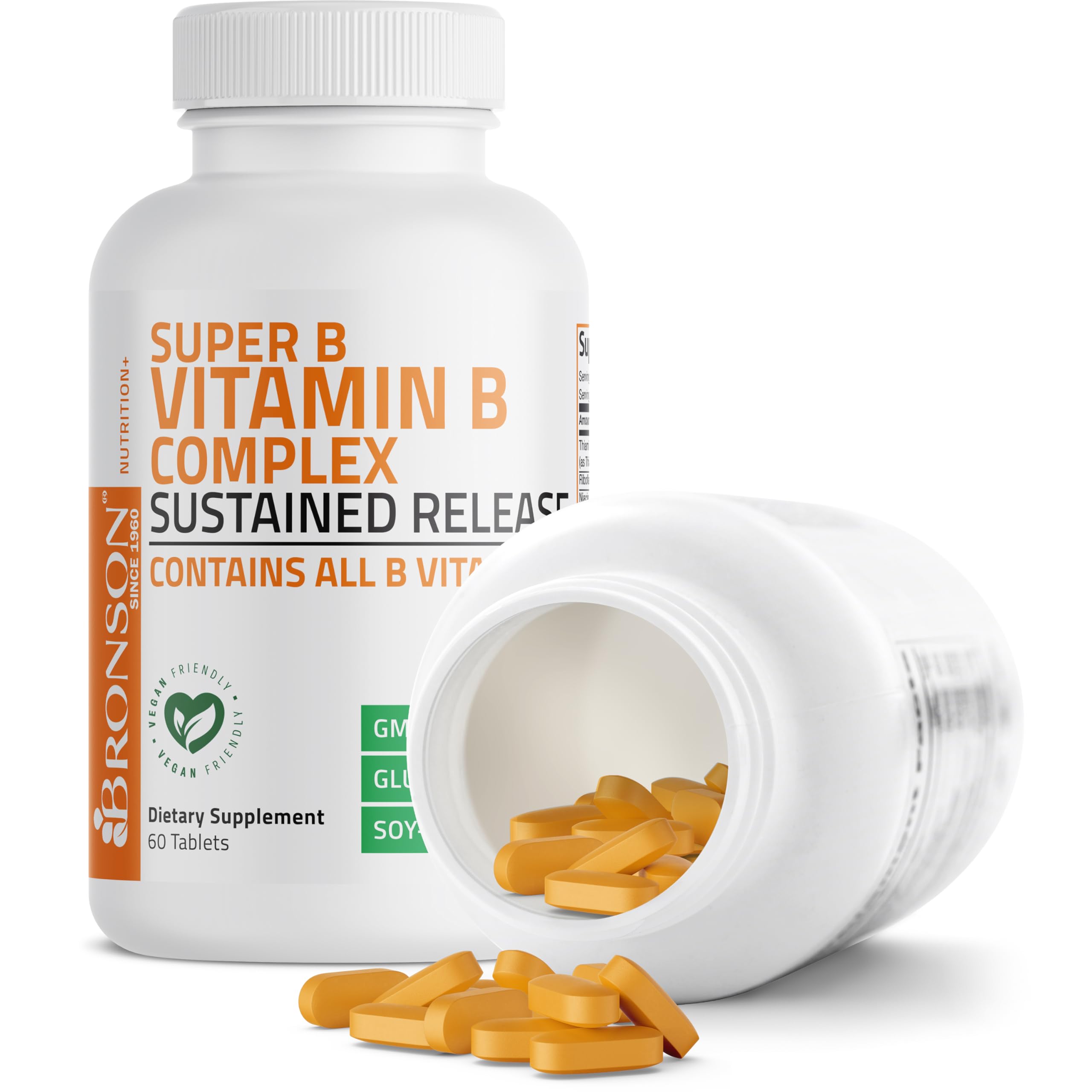 Bronson Super B Vitamin B Complex Sustained Slow Release (Vitamin B1, B2, B3, B6, B9 - Folic Acid, B12) Contains All B Vitamins 60 Tablets