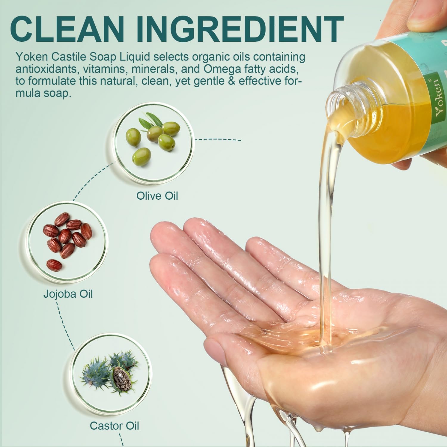 Yoken Pure Castile Liquid Soap Organic (EWG Verified, Unscented, 8 OZ), Made with Organic Oils, No Added Fragrance, Vegan, Castile Soap Liquid for Face