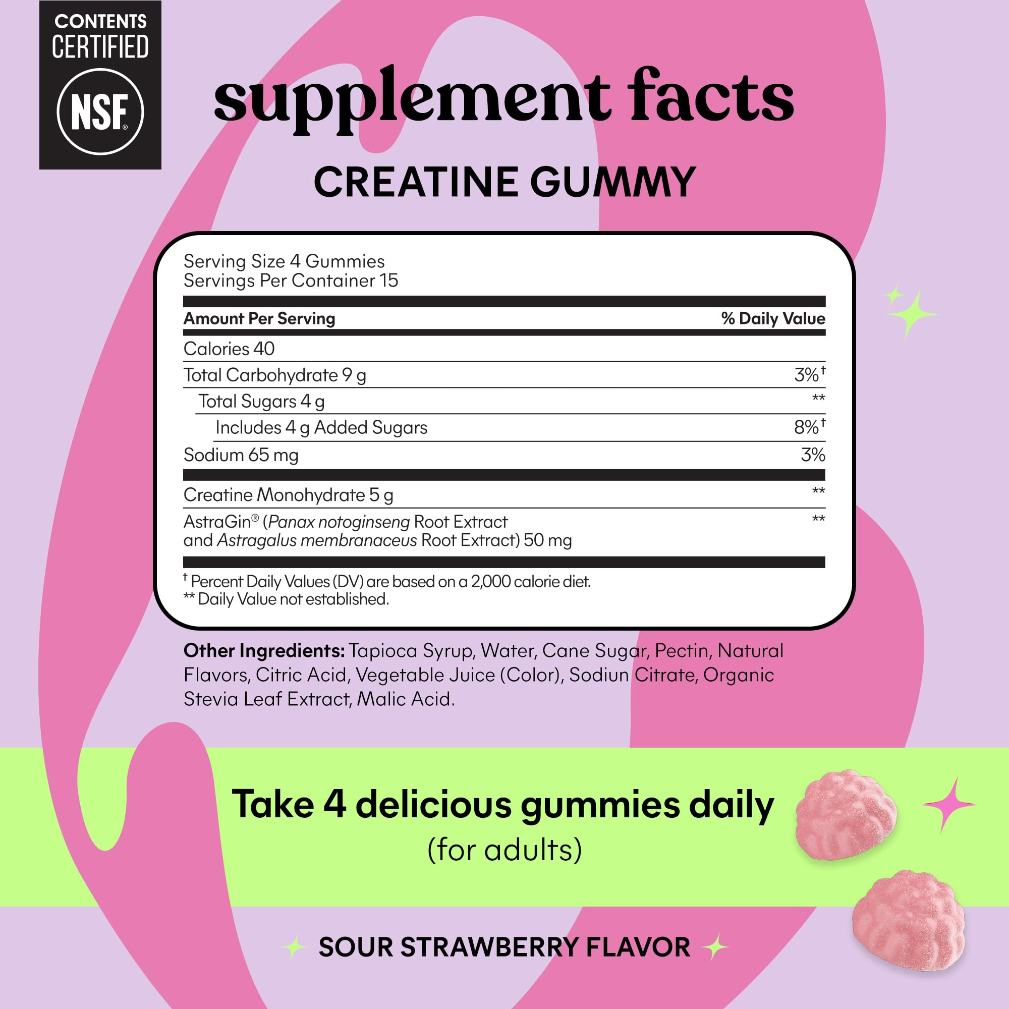 Lemme Creatine Monohydrate Gummies for Women and Men, 5g Dose to Support Lean Muscle, Strength, Recovery, Cognitive Health, w/Ginseng for Absorption