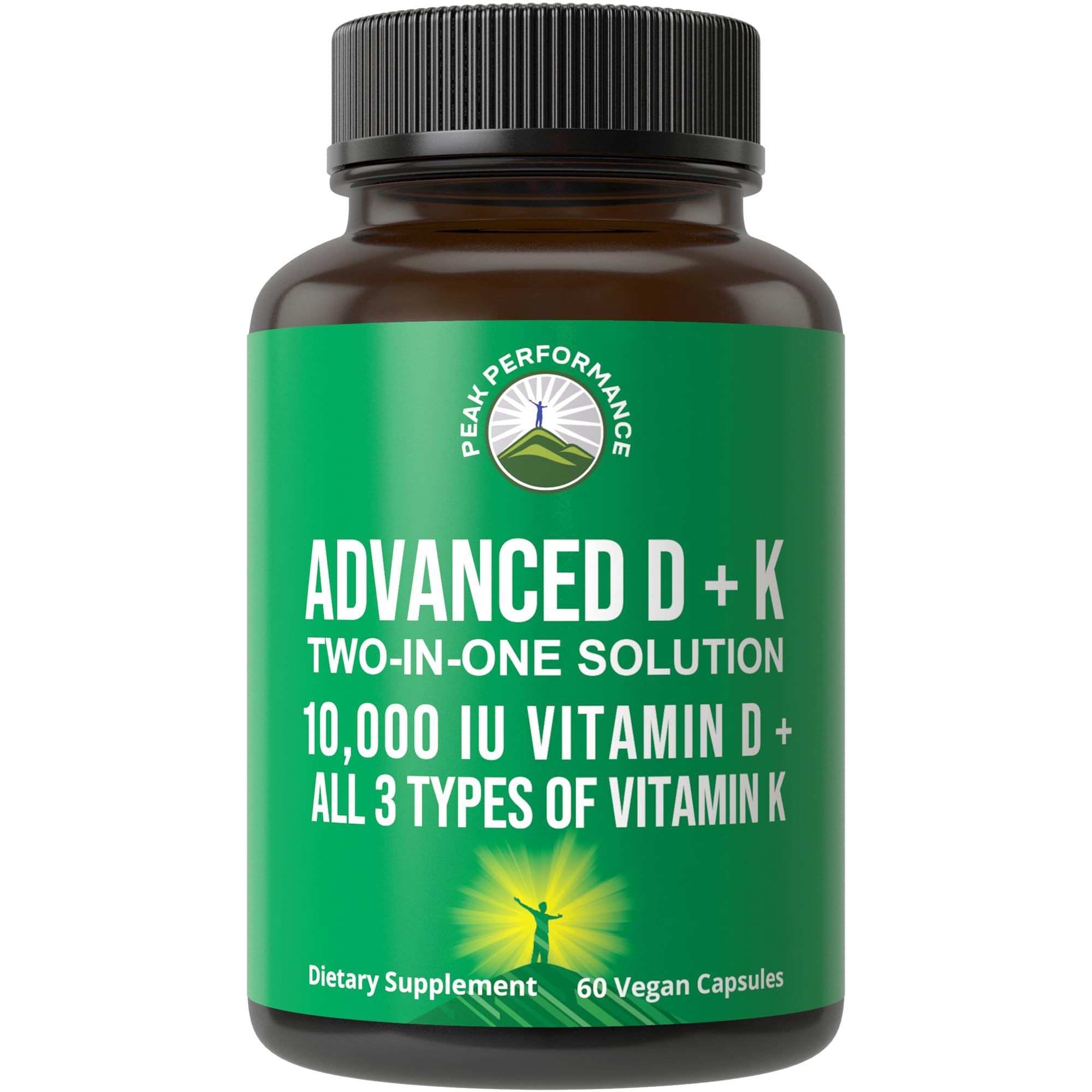 Peak Performance Advanced Vitamin D 10000 IU with All 3 Types of Vitamin K - 10,000 Vitamin D3 and Vitamin K2, K1, MK-7 (MK7), MK4 Capsules Supplement - 60 Small and Easy to Swallow Pills Peak Performance Au supplements