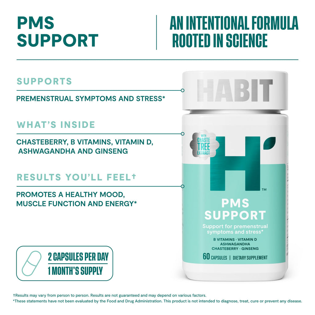 Habit PMS Support Supplement for Women (60 Capsules) - Supports Premenstrual Symptoms & Stress, Hormone Balance, Mood, B Vitamins, Vitamin D, Chasteberry, Ashwagandha, Gluten-Free, Non-GMO (1 Pack) H' Habit Au supplements