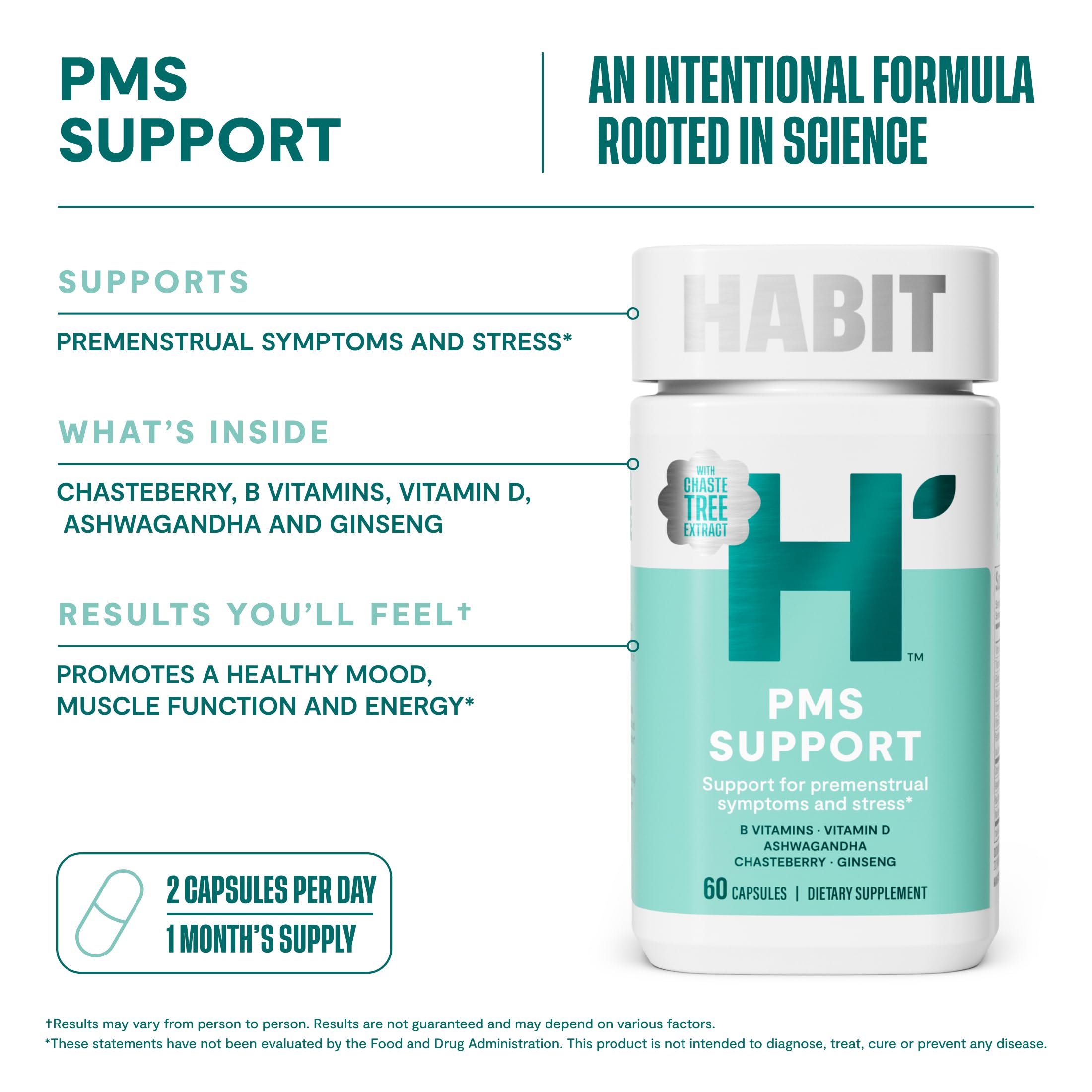 Habit PMS Support Supplement for Women (60 Capsules) - Supports Premenstrual Symptoms & Stress, Hormone Balance, Mood, B Vitamins, Vitamin D, Chasteberry, Ashwagandha, Gluten-Free, Non-GMO (1 Pack) H' Habit Au supplements