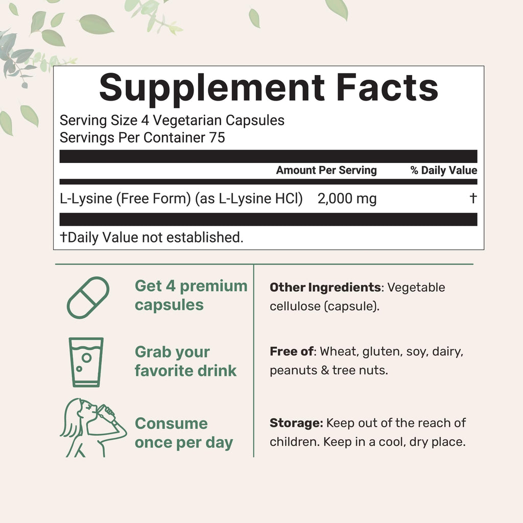 Pure L-Lysine 2,000mg, 300 Veggie Capsules | Maximum Potency, Easily Absorbed, Free Form | Essential Amino Acid for Collagen, Lip, & Immune Support