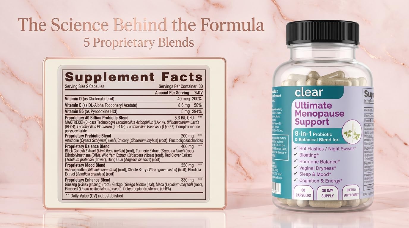 Clear Menopause Support for Women | 25-in-1 Formula with Black Cohosh, Dong Quai, Pre & Probiotics | Hot Flashes, Night Sweats, Mood, Sleep & Digestion | Hormone-Free | Made in USA | 60 Capsules Clear Probiotics Au supplements