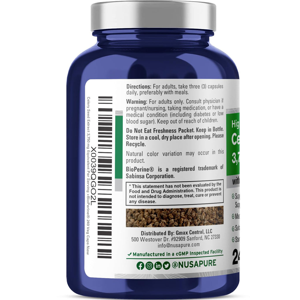 NusaPure Celery Seed Capsules 10:1 Extract, 375 mg Equivalent to 3750mg, 240 Veggie Caps, Non-GMO, Vegan NusaPure Au supplements