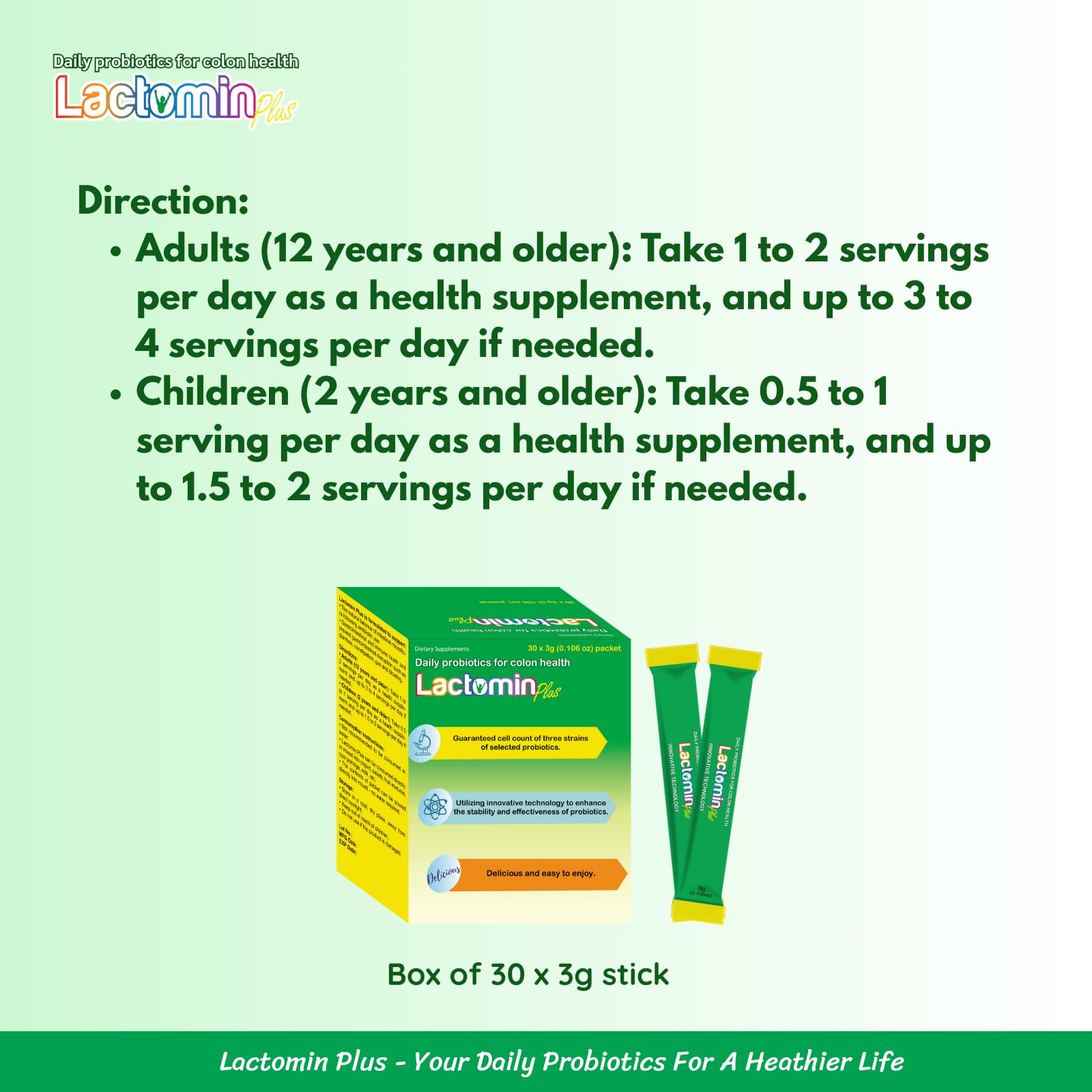 Probiotics - LactominPlus-3 Probiotics Strains - Powder - Sweet Yogurt Flavor - 30 Sticks x 3g (1month), 1.5 Billion CFU, with Prebiotics(FOS), Constipation & Bloating Relief, Microencapsulated Lactomin Au supplements
