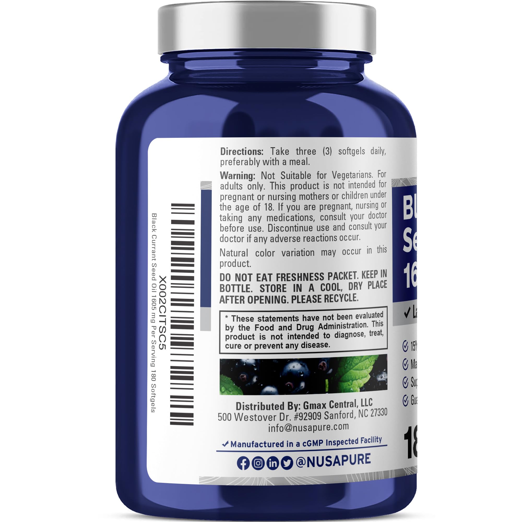NusaPure Black Currant Seed Oil 1605 mg Gamma Linoleic Acid (GLA) 15% 180 Softgels (Non-GMO, Soyfree) NusaPure Au supplements