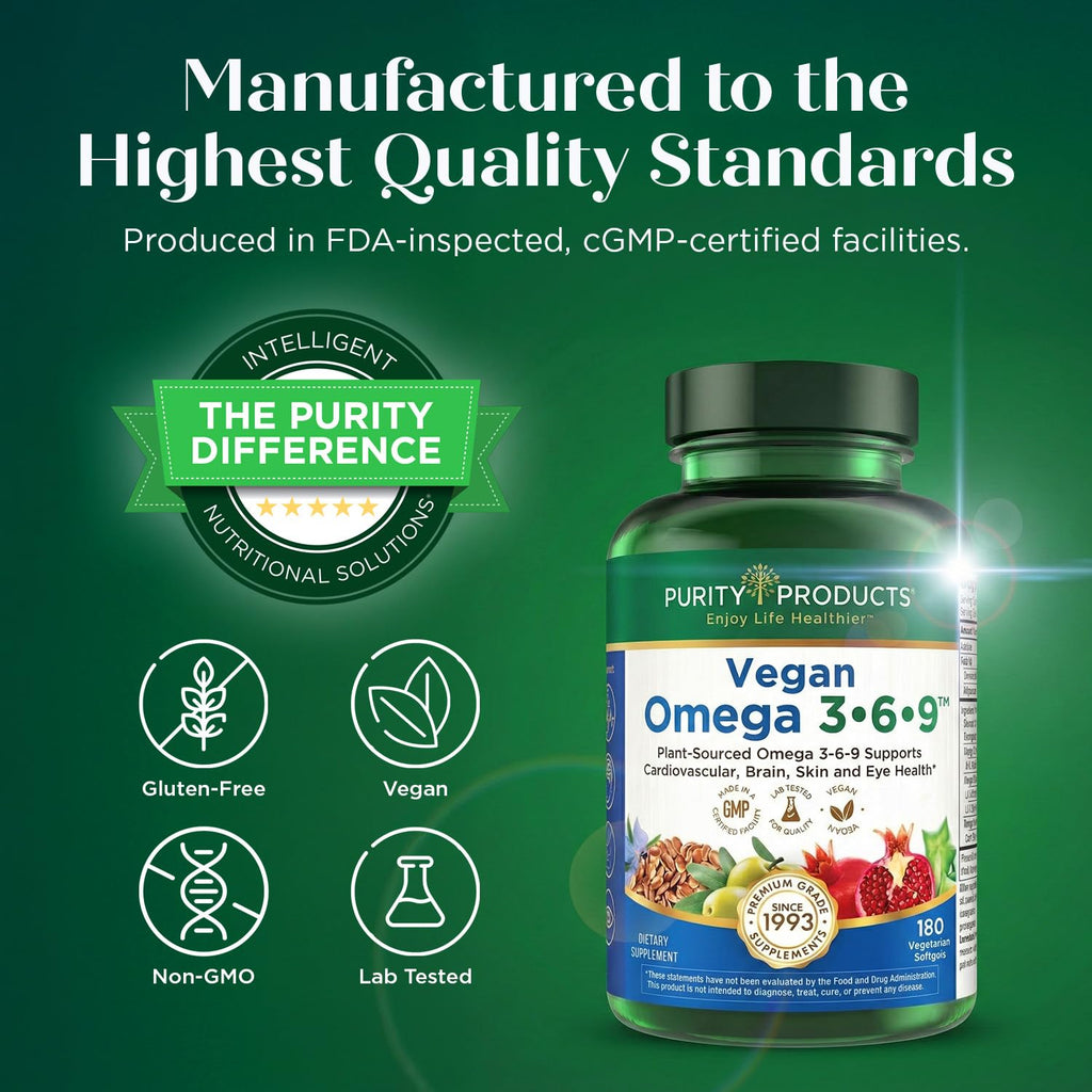 Purity Products Vegan Omega 3 6 9 Formula - “5 in 1” Essential Fatty Acid Complex - Scientifically Formulated Plant-Based Vegan Omega 3-6-9 Essential Fatty Acids