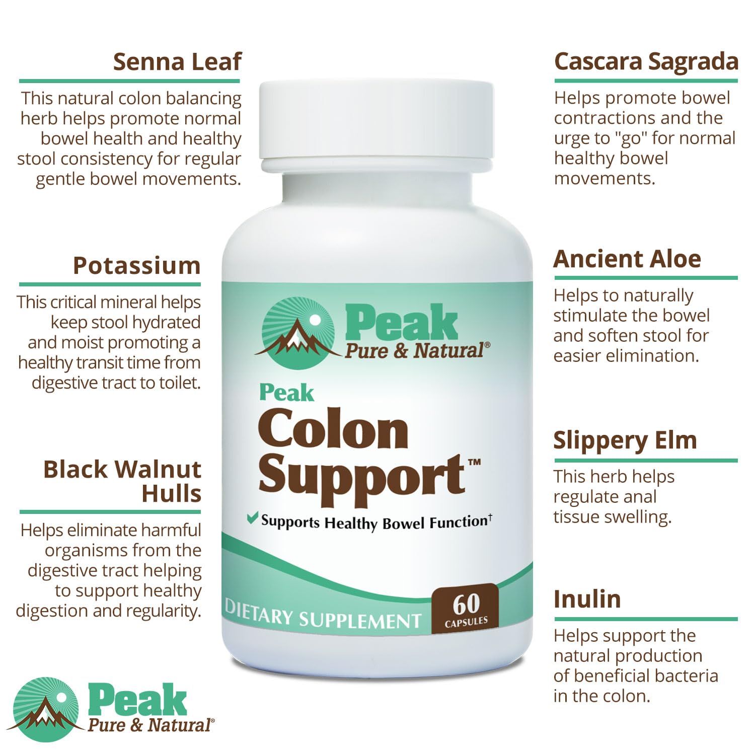 Peak Pure & Natural Colon Support - Colon Cleanse and Detox Supplement for Digestive Health - Gut Health Support with Inulin and Senna Leaf Extracts - with Fiber, Prebiotics, and Probiotics - 1 Pack Peak Pure & Natural Au supplements