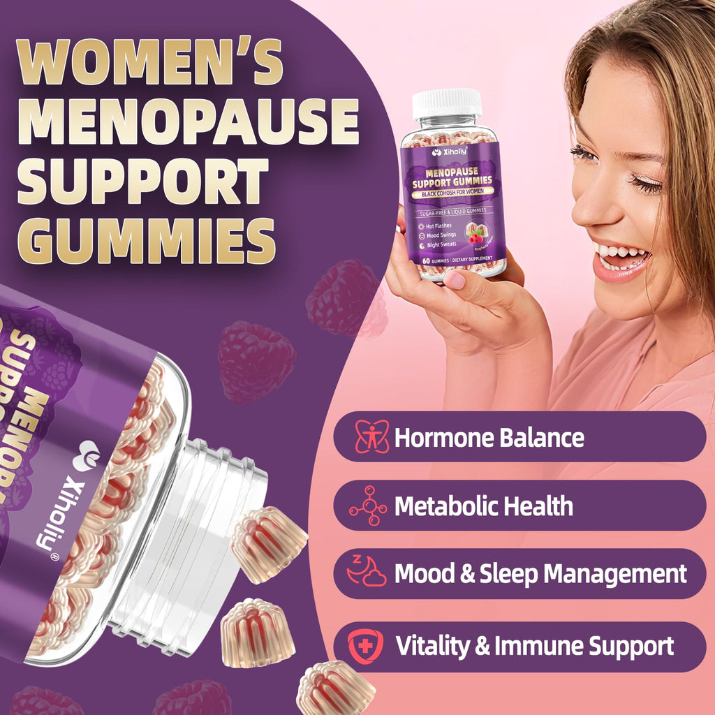 Menopause Supplements for Women with Black Cohosh, Menopause Relief Sugar Free Gummies for Hot Flashes, Natural Female Hormone Balance & Ashwagandha, Magnesium for Night Sweats, Mood Swings, 60 Count XIHOLIY Au supplements
