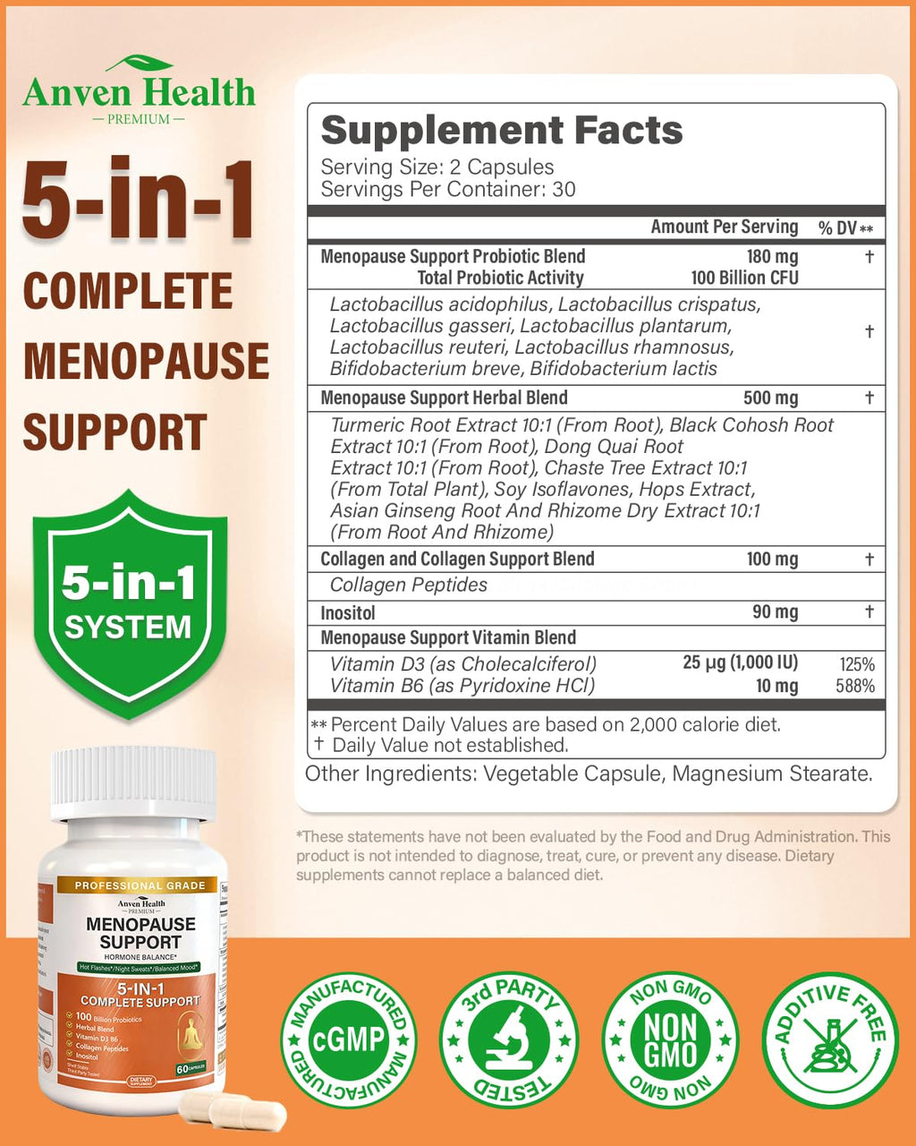 Anven Health Menopause Supplements for Women, Vitamin D3 & B6, Menopause Relief Probiotics Supports Hot Flashes, Night Sweats, Bloating & Gut Health with Black Cohosh, Herbs, Collagen | 60 Veggie Caps Anven Health Au supplements