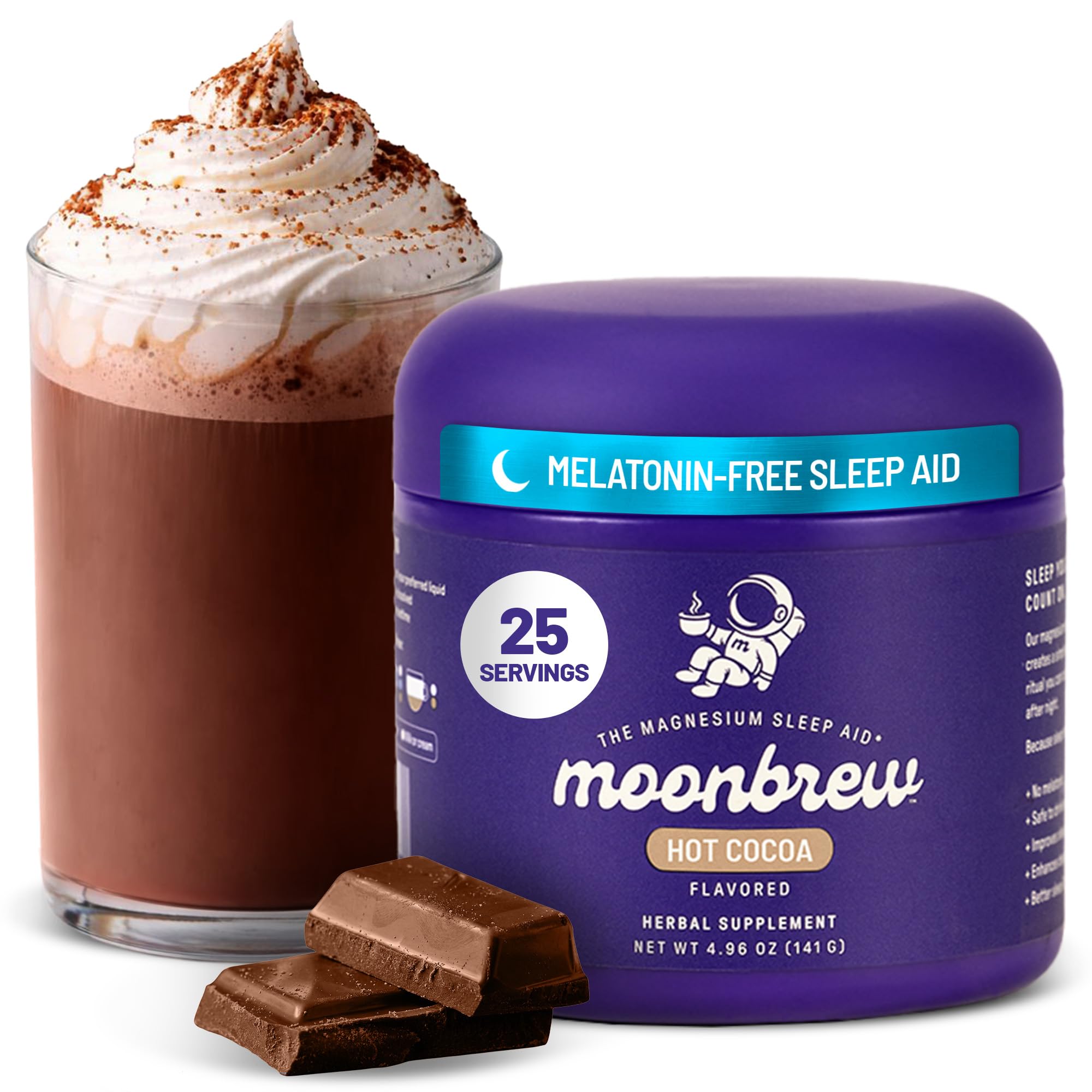 MoonBrew Nighttime Magnesium Hot Cocoa Jar, Natural Sleep Aid Drink Mix for Adults - Calming Melatonin-Free Sleep Support - Sleepy Hot Chocolate Powder with L-Theanine,