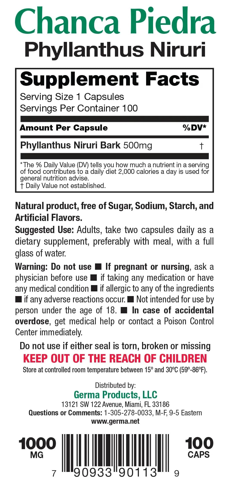 Germa Chanca Piedra Supplement – 500mg Phyllanthus Niruri – Traditional Stone Breaker Herb for Urinary & Kidney Support – Rainforest Botanical – 100% Natural Vegan Capsules, 100 Count Germa Au supplements