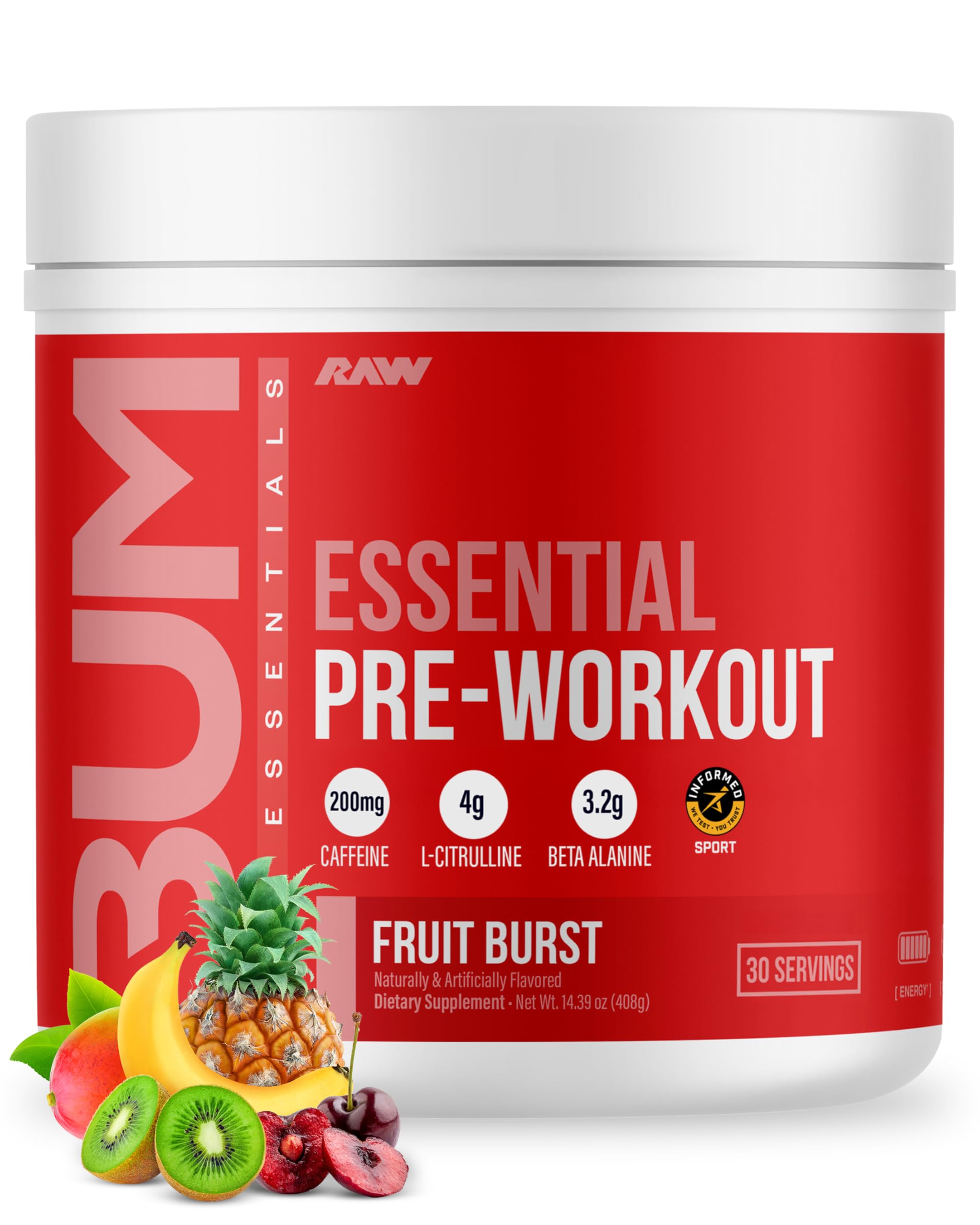 RAW Essential Pre-Workout Powder (Fruit Burst) - Chris Bumstead Sports Nutrition Supplement for Men & Women - Preworkout Energy Powder with Caffeine