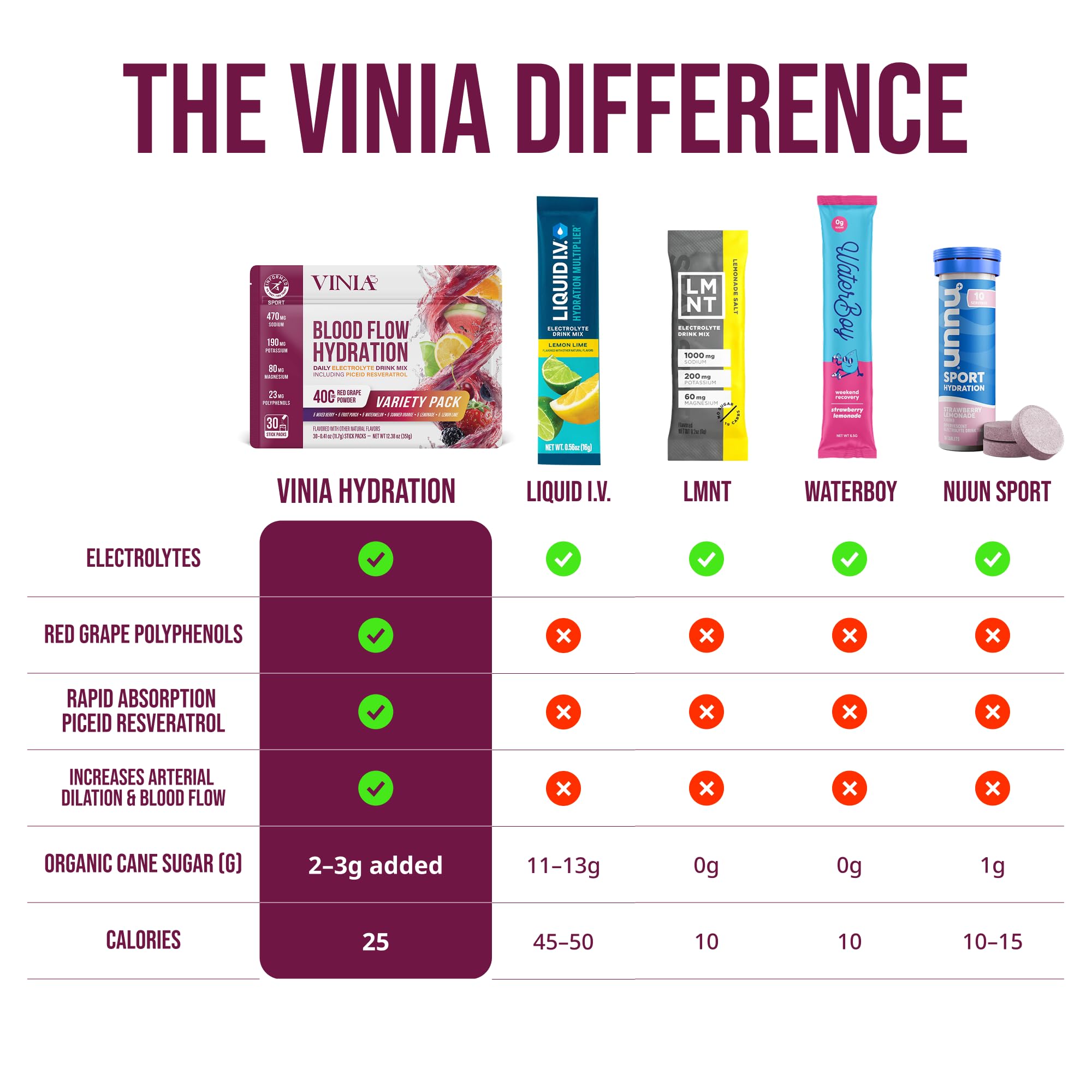 VINIA Resveratrol Electrolyte Hydration Powder Mix | Boost Blood Flow & Circulation | Sea Salt, Coconut Water Potassium