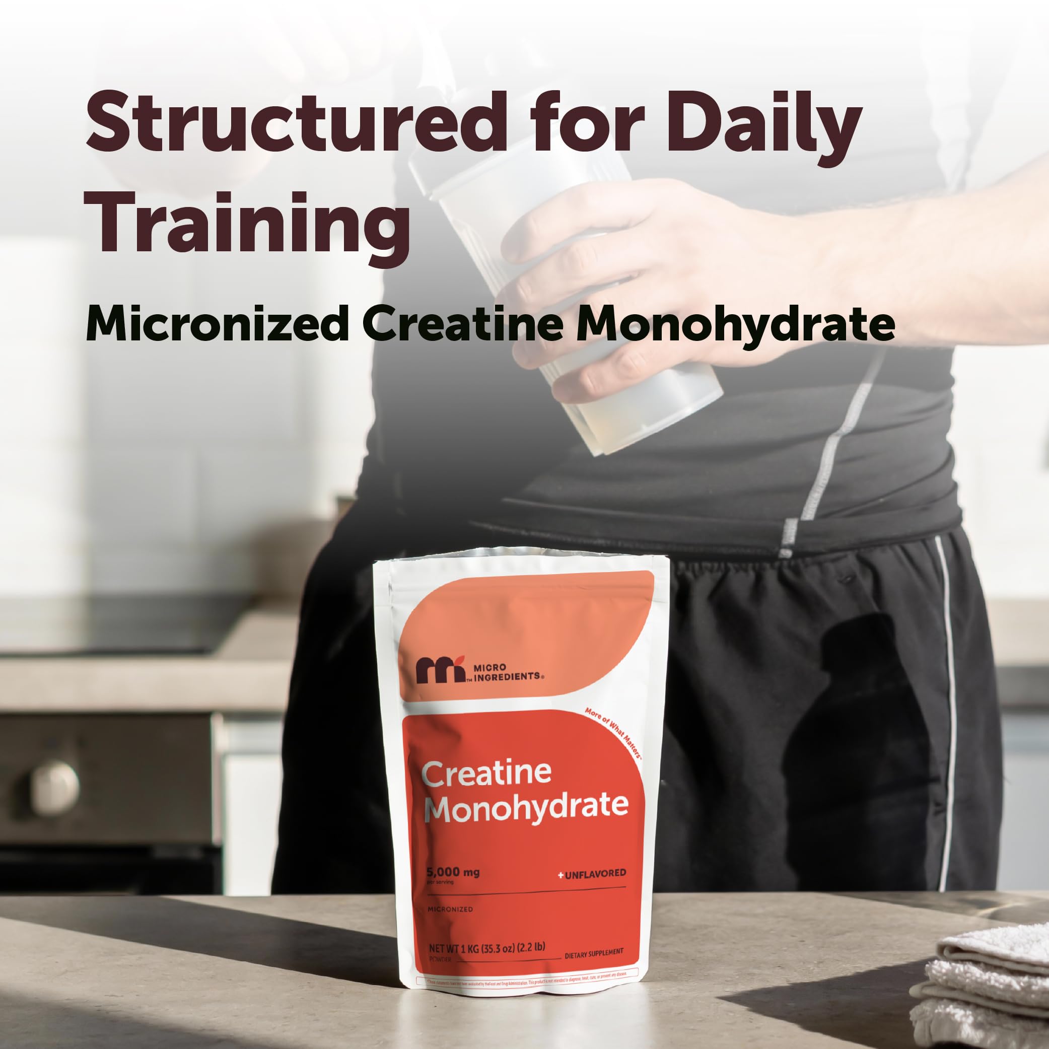 Micro Ingredients Creatine Monohydrate Powder 1 kg (2.2 Lbs), 5000mg Per Serv, Micronized Creatine Powder, Unflavored, No Filler, Keto & Vegan, Easy Dissolve, Pre Workout for Women & Men*