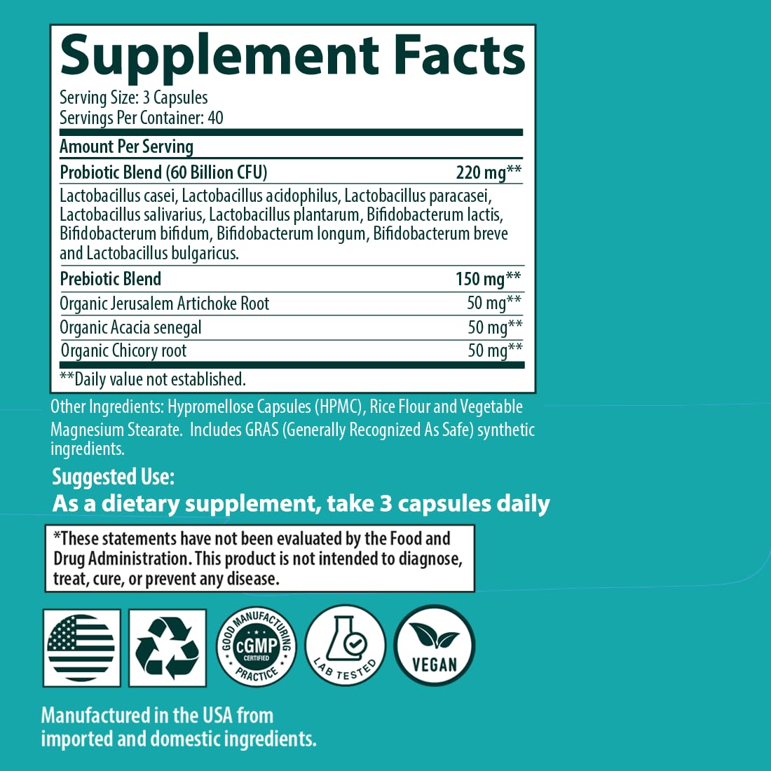 Sanar Naturals Probiotics 60 Billion CFU –  Support, Digestive & Gut Health - Probiotics for Women and Men - Vegan, Non-GMO, Gluten Free, 120 Capsules