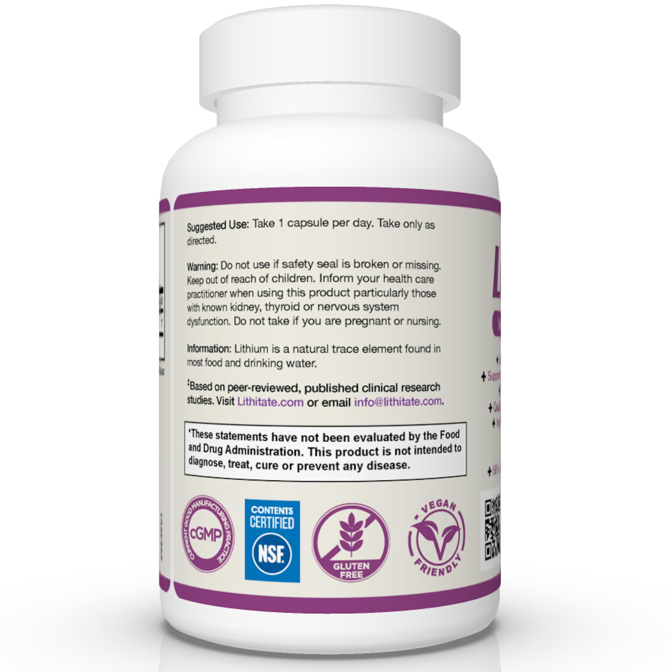 lithitate Lithium Aspartate 10mg | Supports Cognitive Function & Brain Health with Aging | NSF Certified | Promotes Mental Clarity, Healthy Mood & Longevity