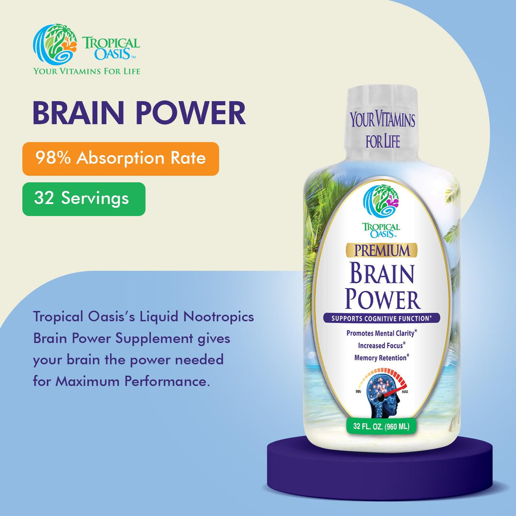 Tropical Oasis - Brain Power | Liquid Nootropic Supplement - Promotes Mental Clarity, Focus, and Memory Retention (Unflavored, 32 Servings) Tropical Oasis Au supplements