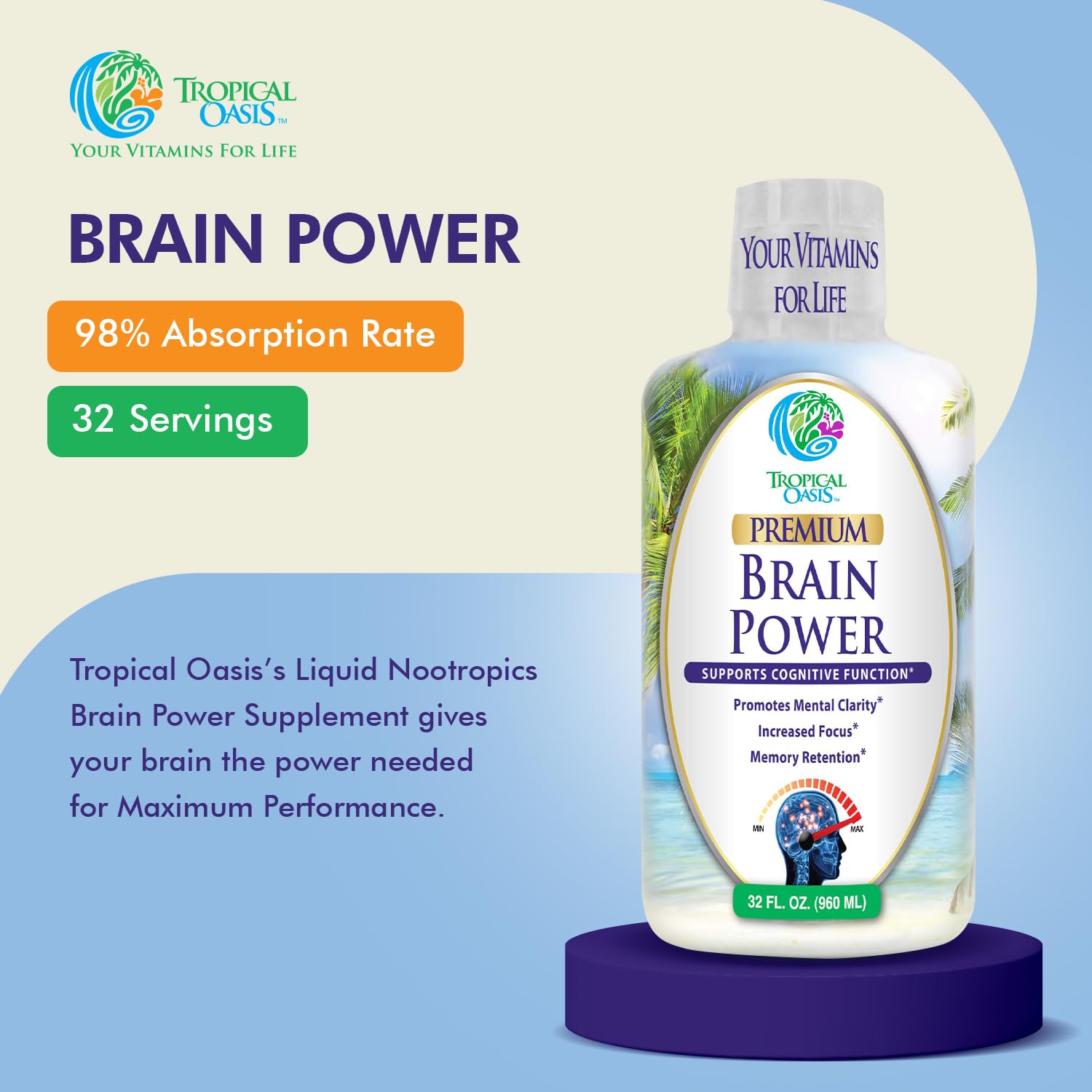 Tropical Oasis - Brain Power | Liquid Nootropic Supplement - Promotes Mental Clarity, Focus, and Memory Retention (Unflavored, 32 Servings) Tropical Oasis Au supplements
