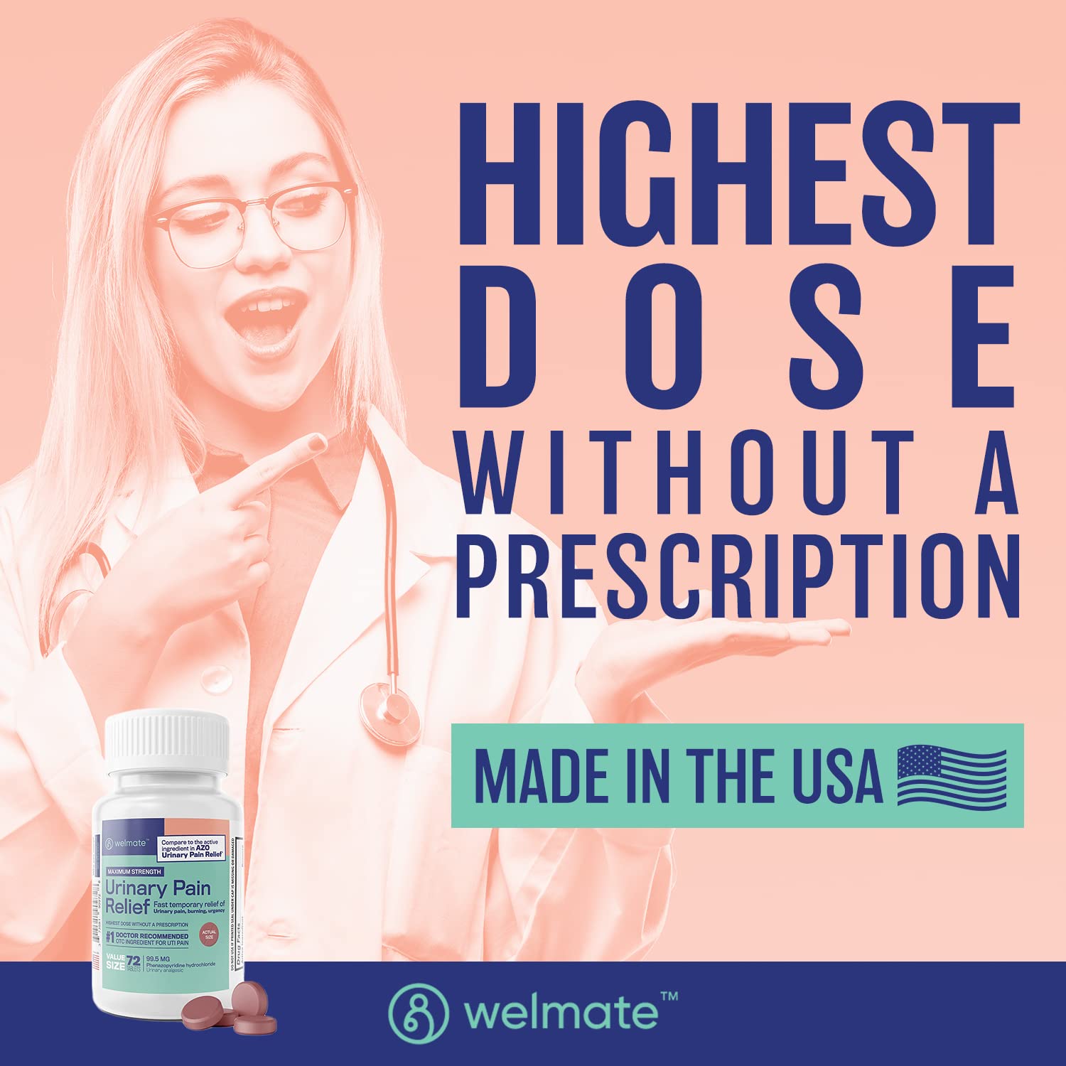WELMATE Urinary Pain UTI Relief Maximum Strength (Phenazopyridine HCL) - Improve Urinary Tract Health & Bladder Control, Urgency, & Discomfort | Over-The-Counter Medication for Men & Women (72 Pills) WELMATE Au supplements