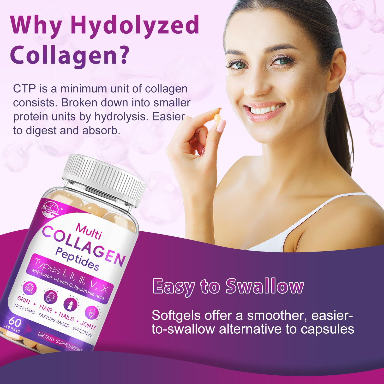 Multi Collagen Peptides Softgel - Type I, II, III, V, X - Hydrolyzed Collagen Peptides with Biotin, Vitamin C, Hyaluronic Acid, Supports Skin Hair Nail