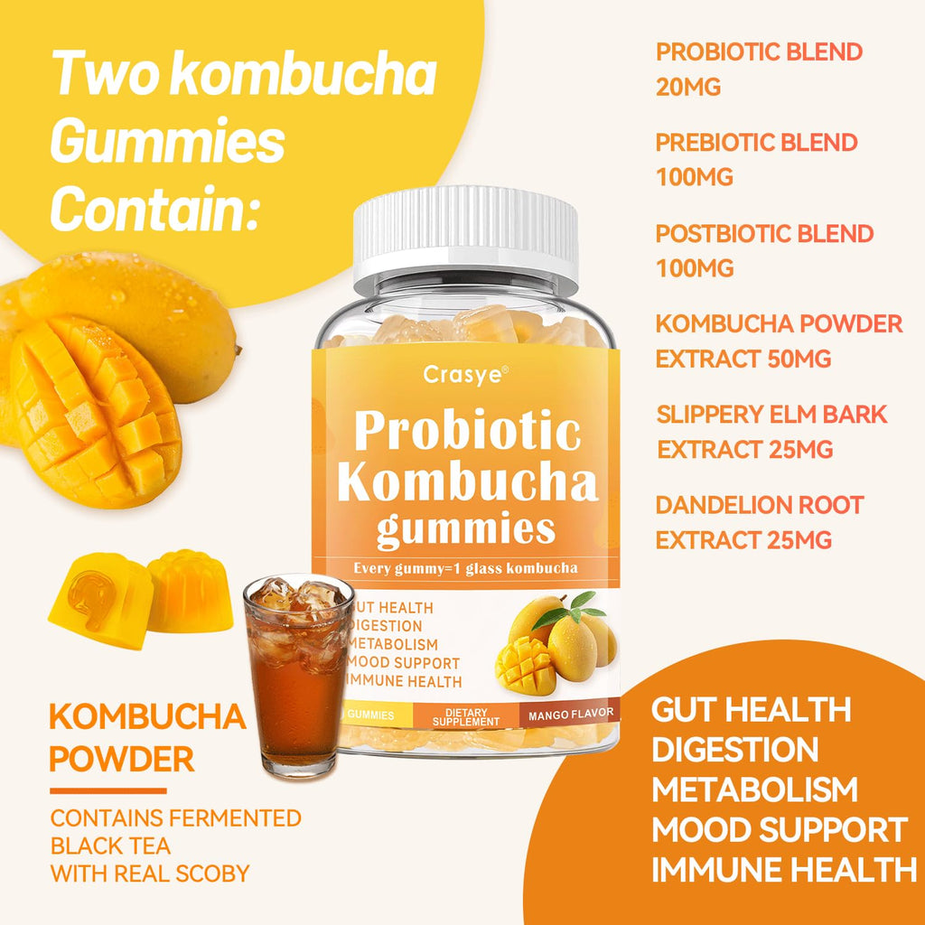 Crasye Probiotic Kombucha Gummies Sugar Free Prebiotic Postbiotic Probiotics Gummies with Slippery Elm for Women and Men Bloating Gut Health Immune and Digestive Support - 60 Gummies - 30 Servings Crasye Au supplements