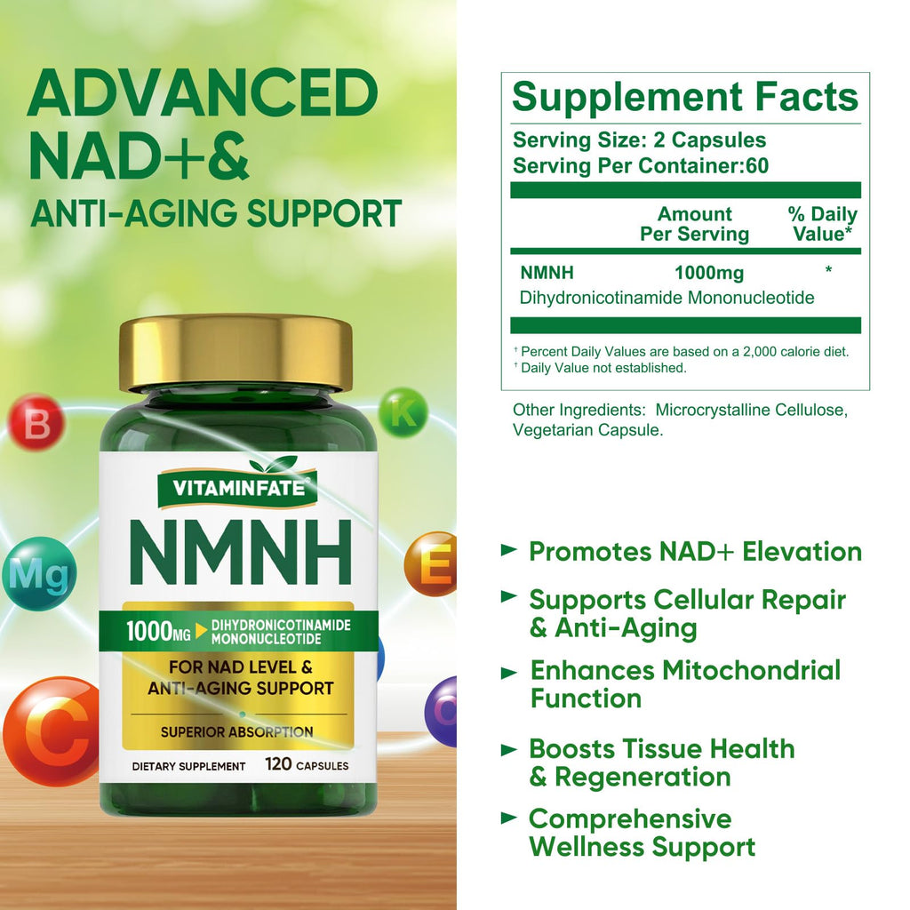 VITAMINFATE NMNH Supplement 1000 mg - 120 Capsules | NMN Alternative | Supports Anti-Aging, Cellular Energy and Repair, Metabolism & Brain Boost VITAMINFATE Au supplements