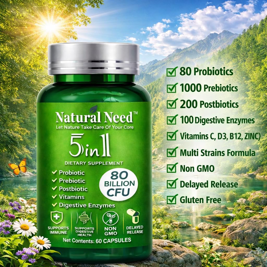 NATURAL NEED™ Gut Health – 5-in-1 Formula with Probiotics, Prebiotics, Postbiotics, Enzymes & Vitamins (C,D3,B12,Zinc) – Delayed Release Capsule – Supports Overall Digestion, Immunity & Gut – 60 Vegan NATURAL NEED Au supplements