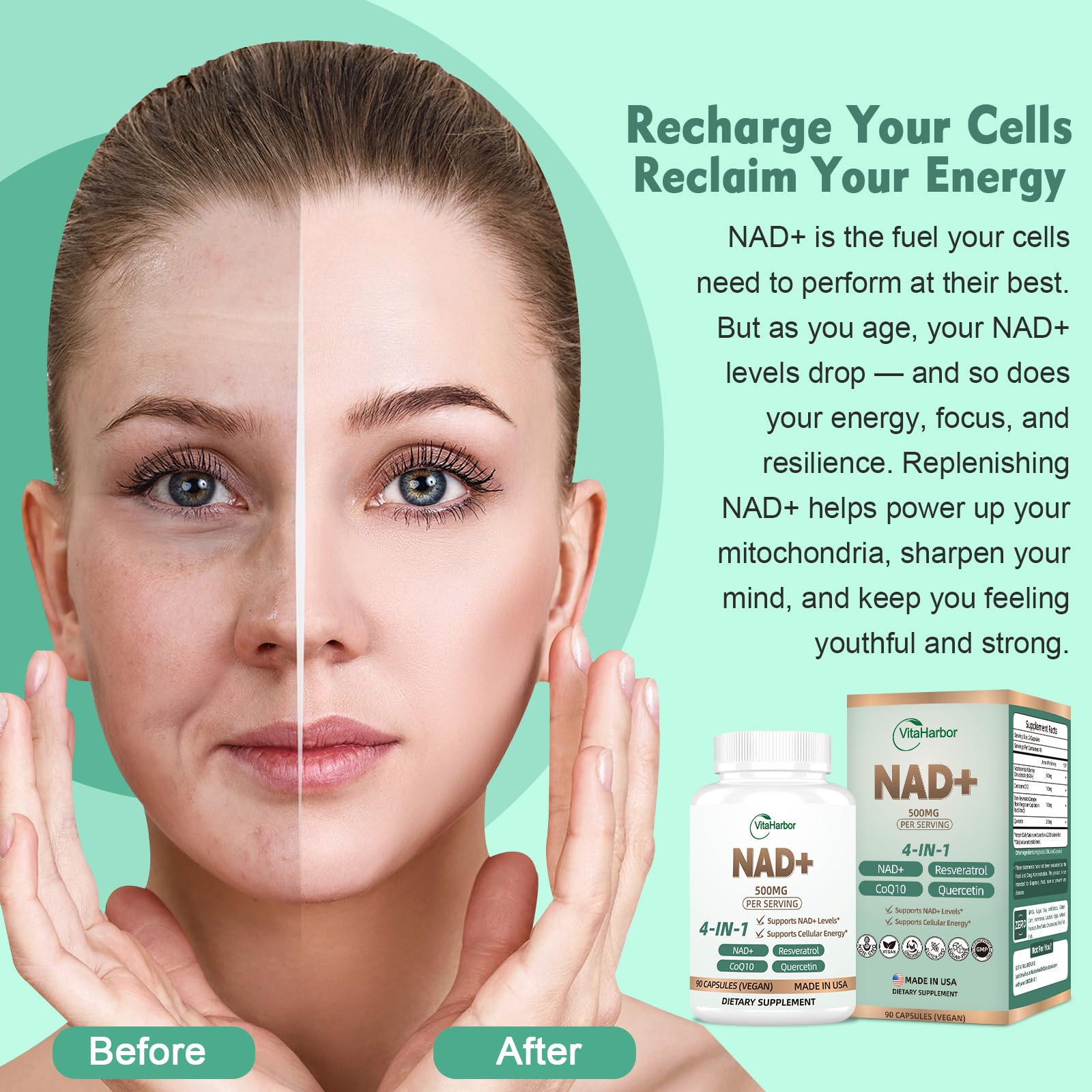 NAD Supplement 500mg, Pure Organic NAD+ Supplement for Women & Men, NAD+ with Trans-Resveratrol & CoQ10 & Quercetin for Cellular Energy & Healthy Aging, NMN Alternative (90 Vegan Caps) VitaHarbor Au supplements