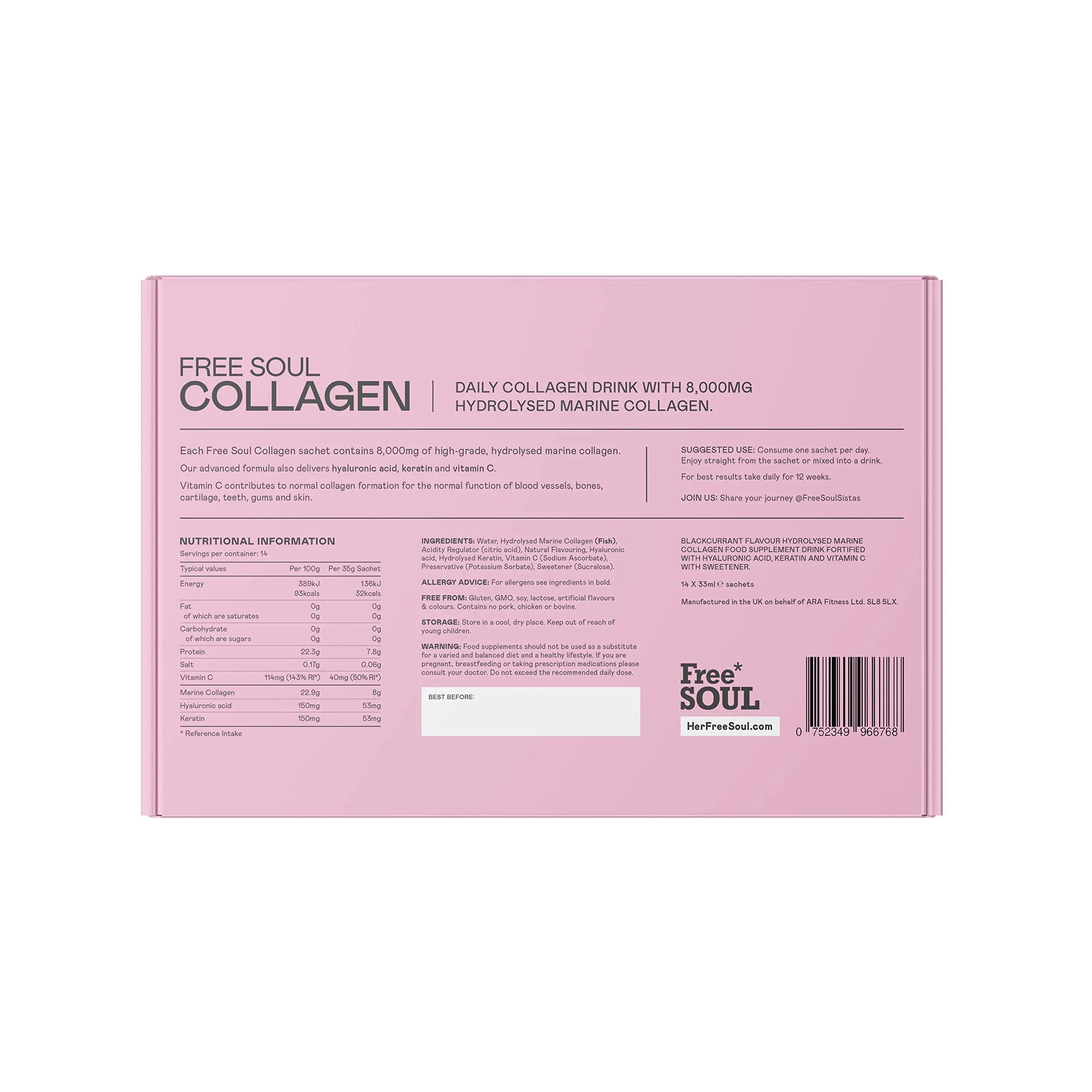Marine Collagen Liquid 8000mg with Hyaluronic Acid, Keratin, & Vitamin C, 14 x 8000mg Hydrolysed Collagen Free Soul Au supplements